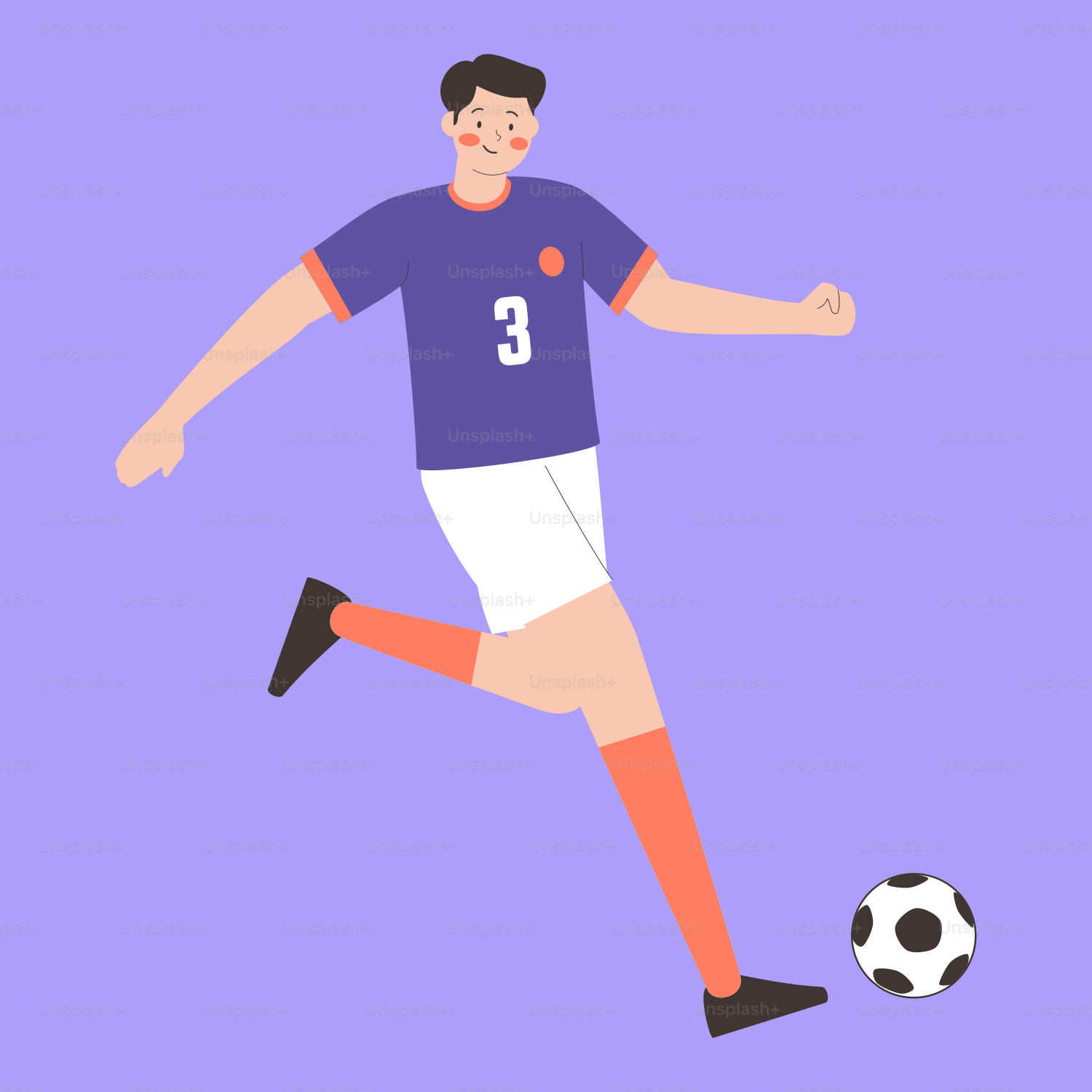 A man kicking a soccer ball on a purple background