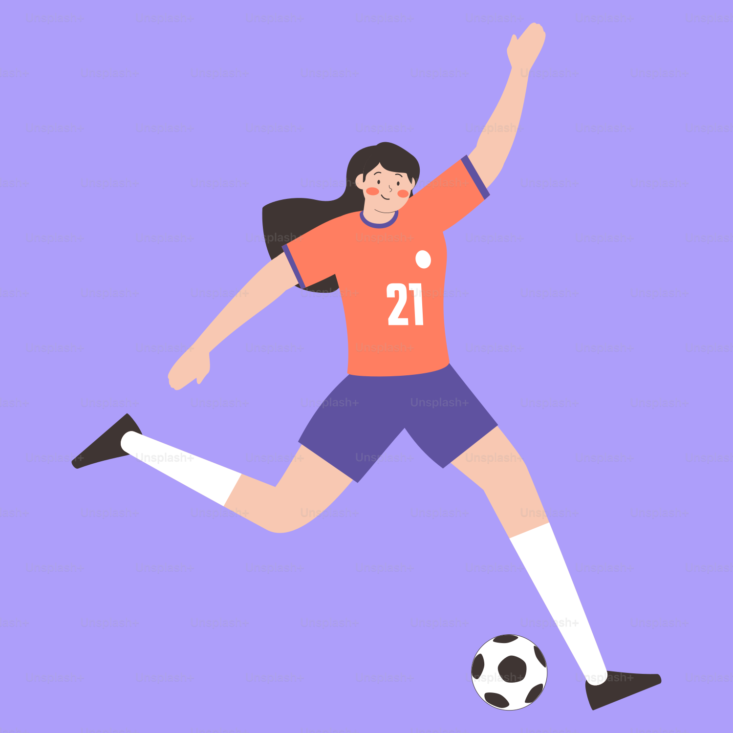 A woman kicking a soccer ball on a purple background