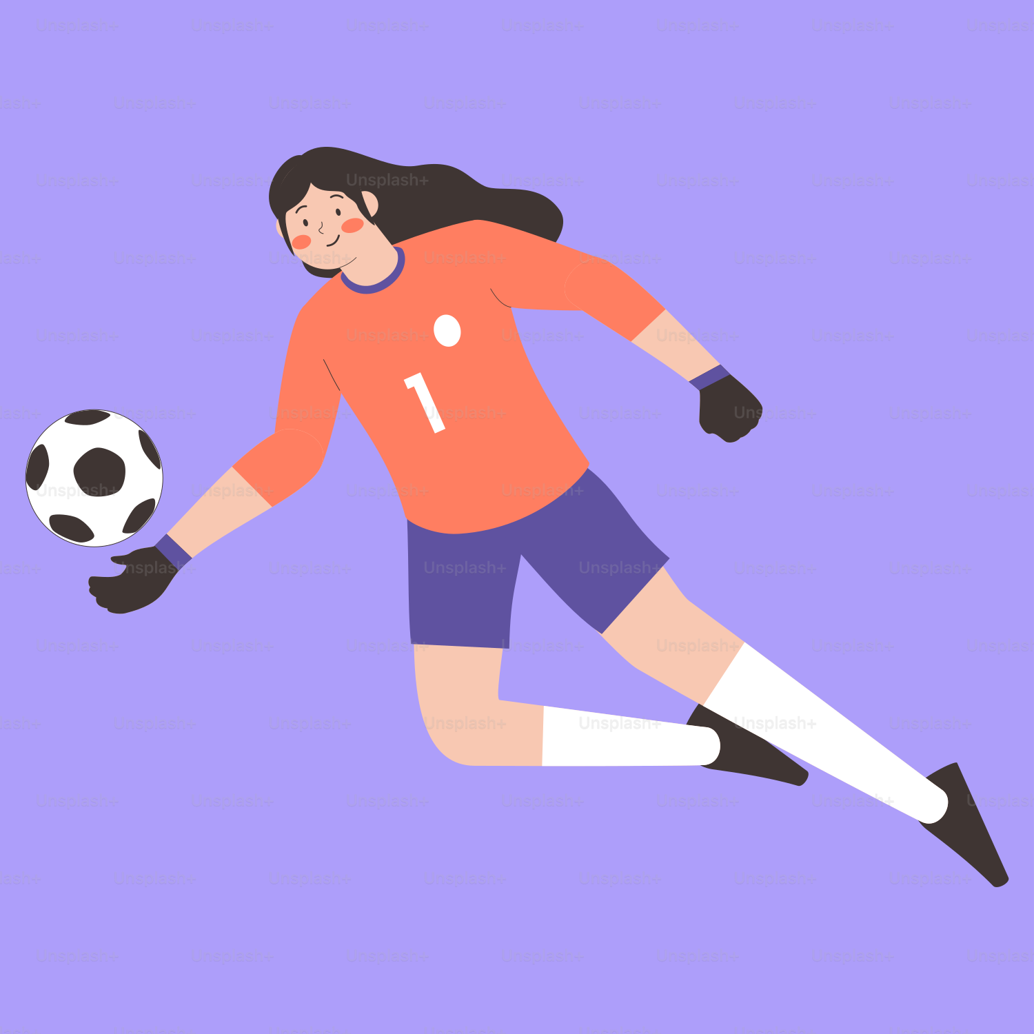 Una mujer pateando una pelota de fútbol sobre un fondo púrpura