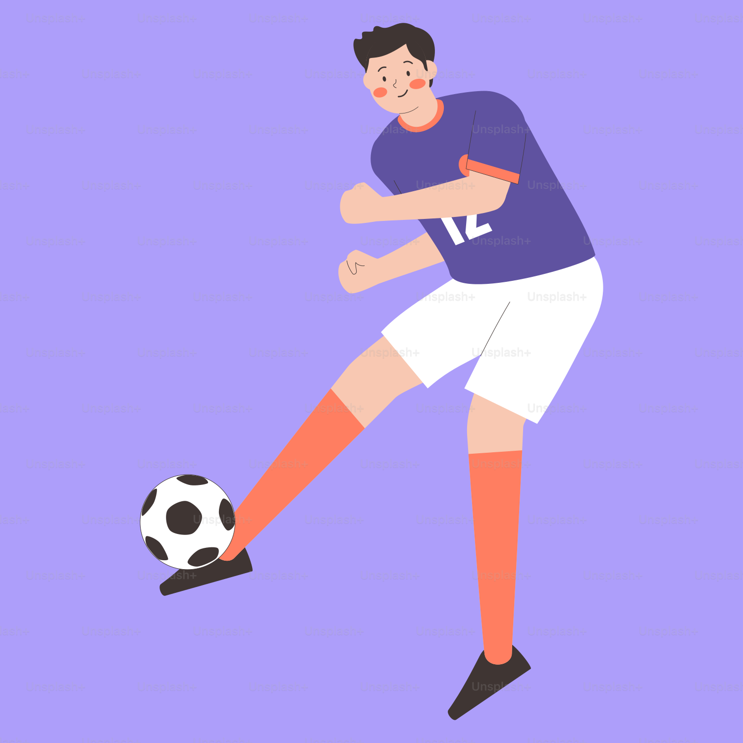 A man kicking a soccer ball on a purple background