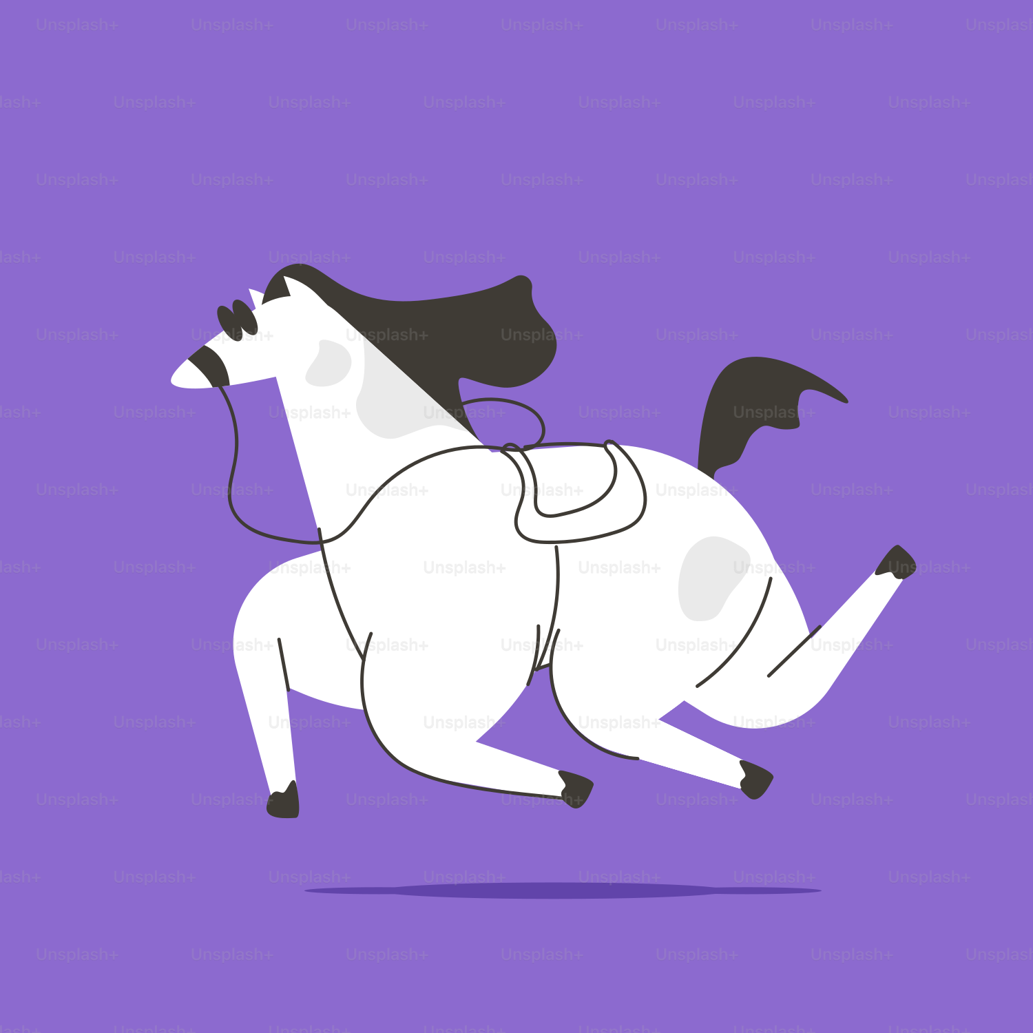 A white horse with a black mane running on a purple background