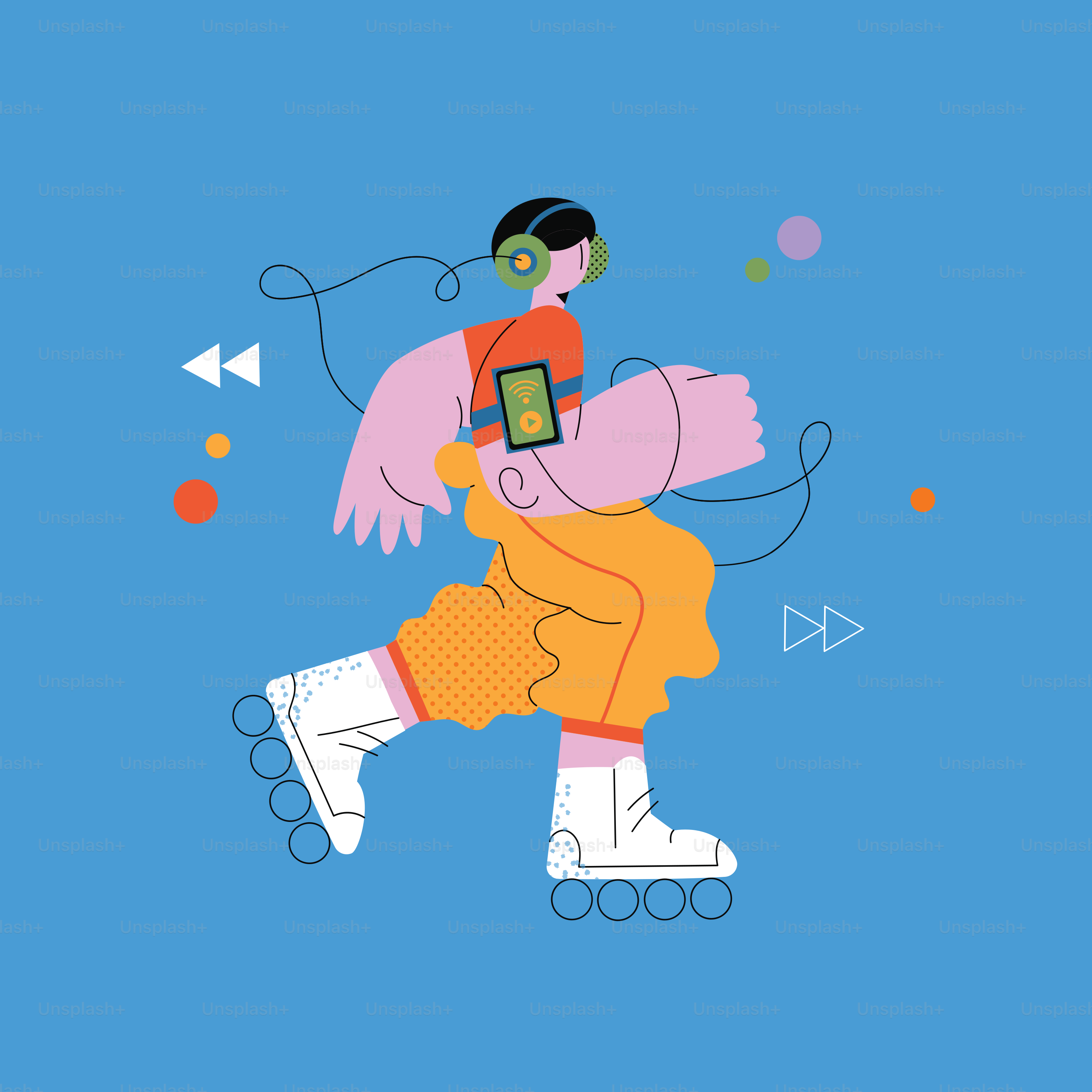 A person riding a skateboard with headphones on