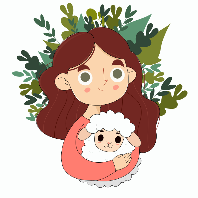 A woman holding a baby sheep in her arms