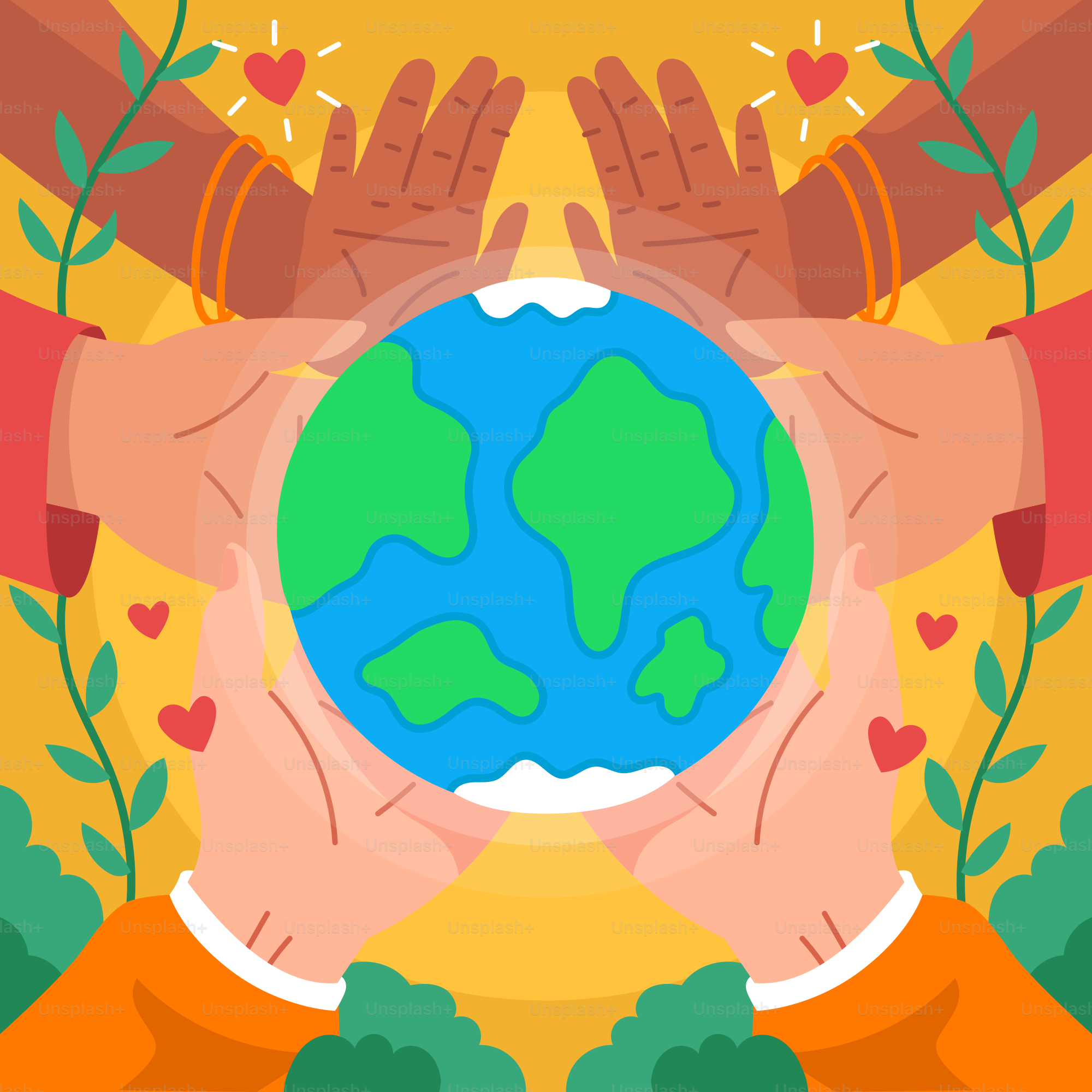 A group of hands holding a globe with hearts around it