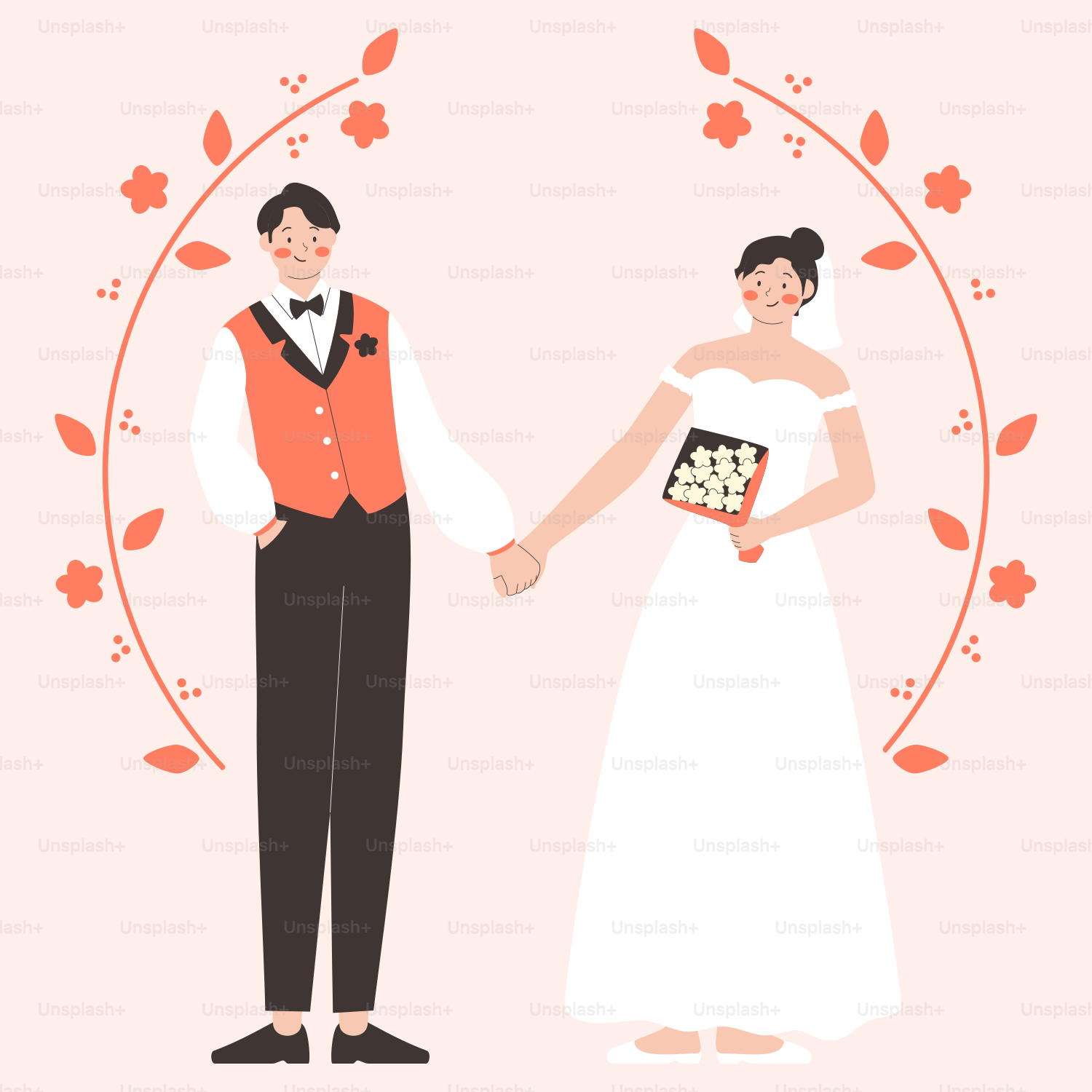 A bride and groom are holding hands