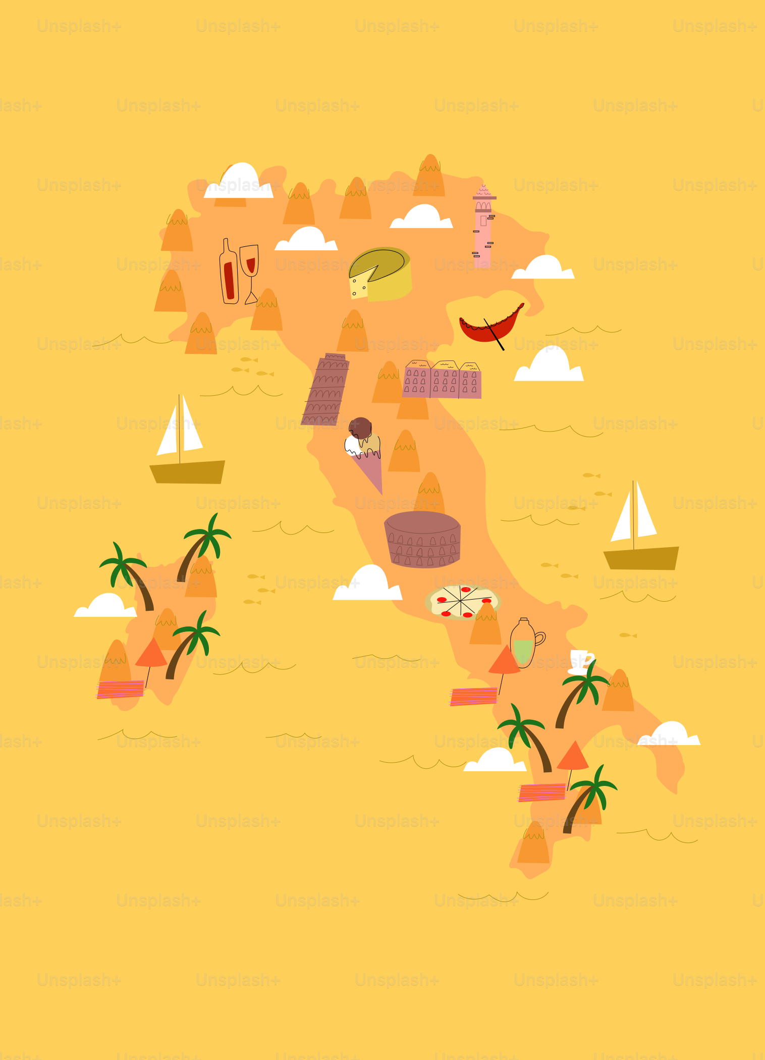 A map of italy with a lot of different things on it