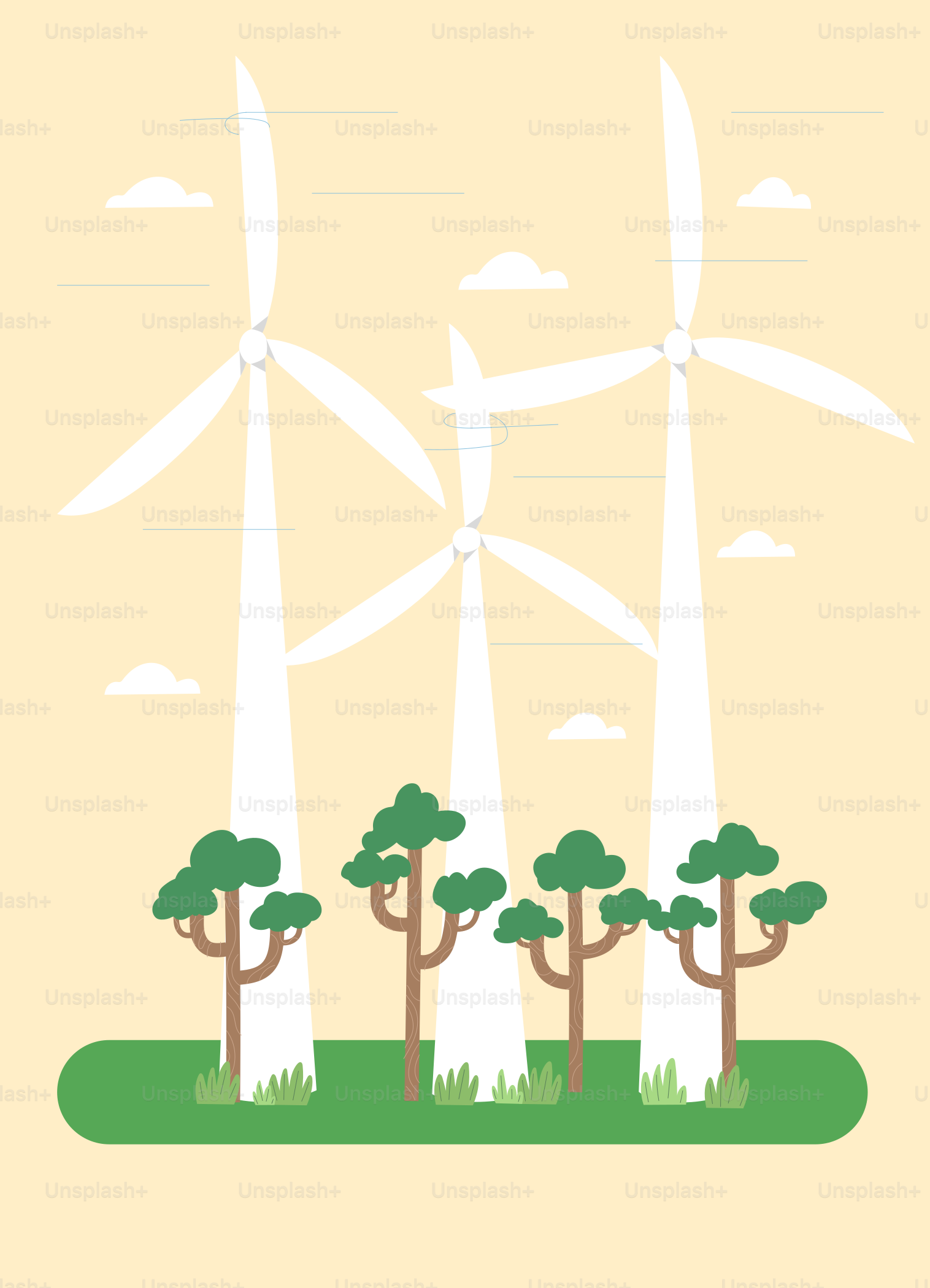 A green field with trees and wind mills