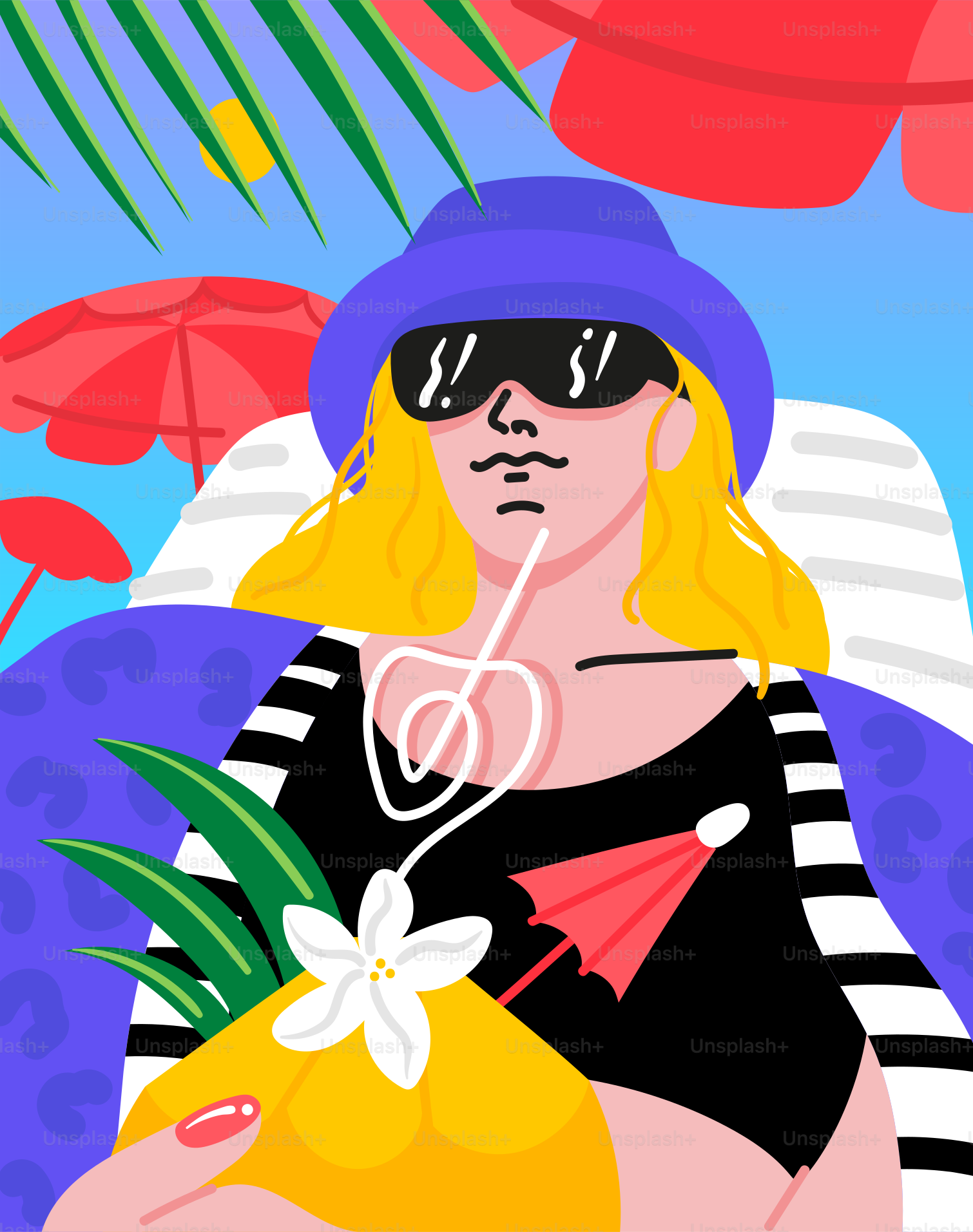 A painting of a woman sitting on a beach chair