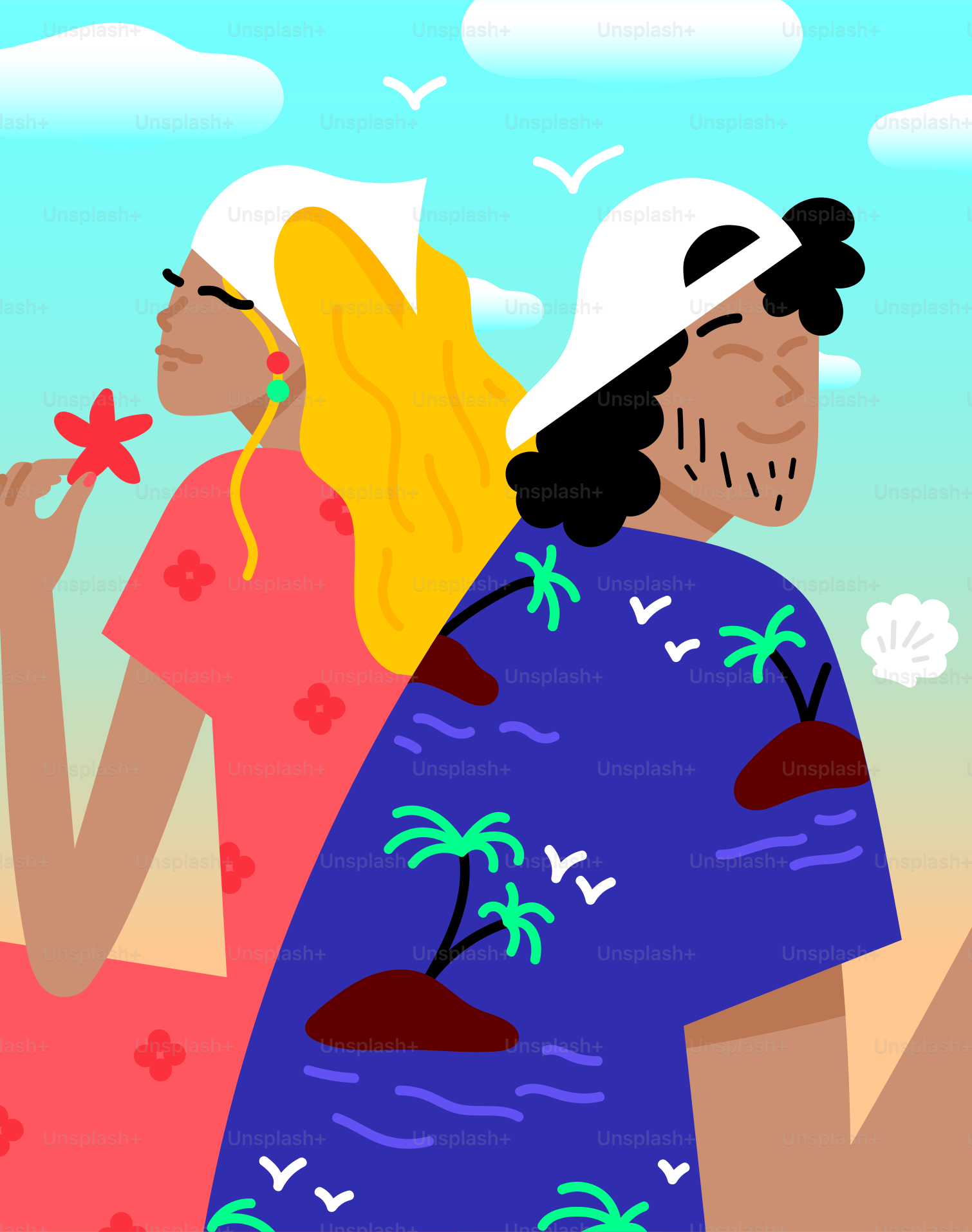 A man and a woman walking on the beach
