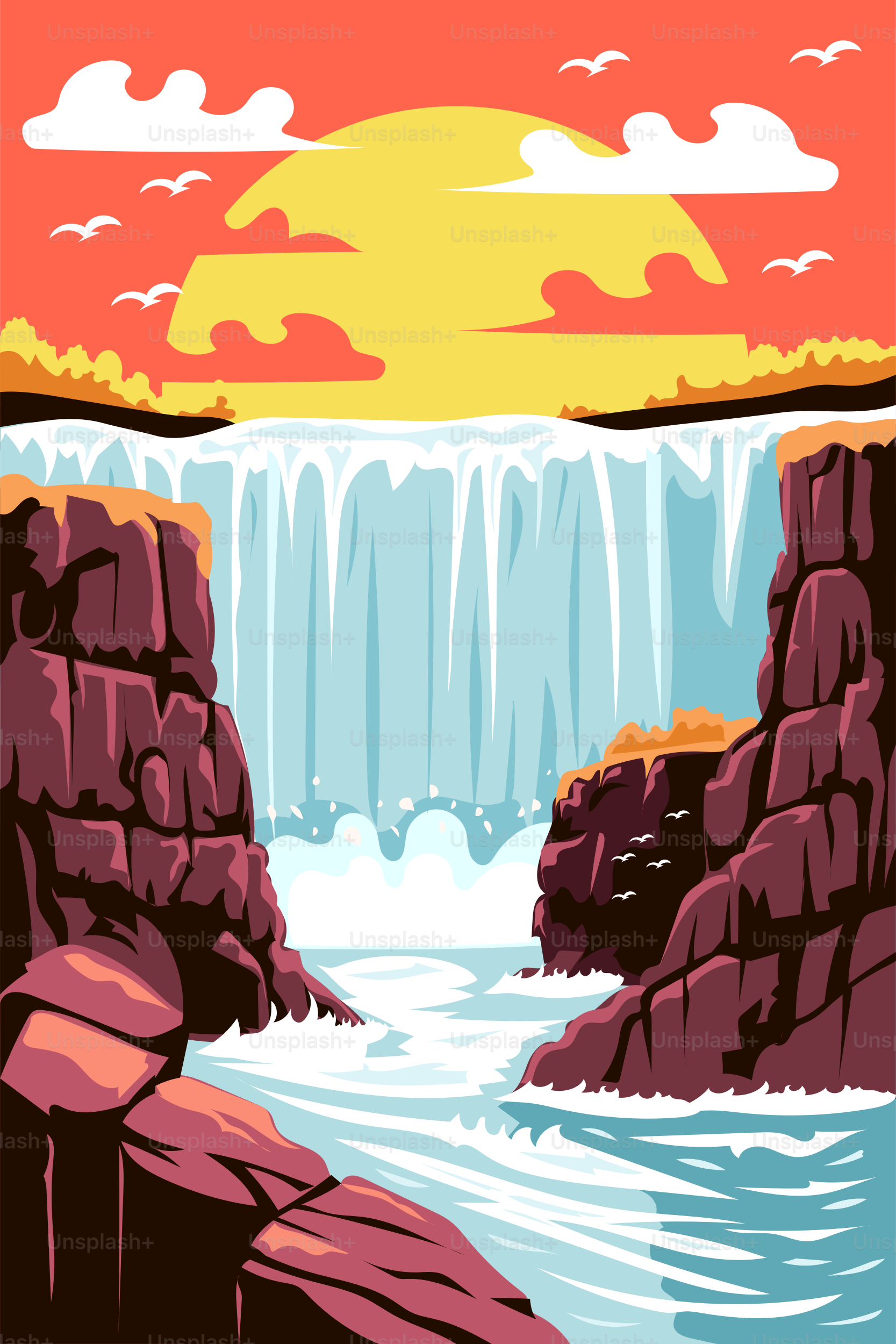 A painting of a waterfall with a sunset in the background
