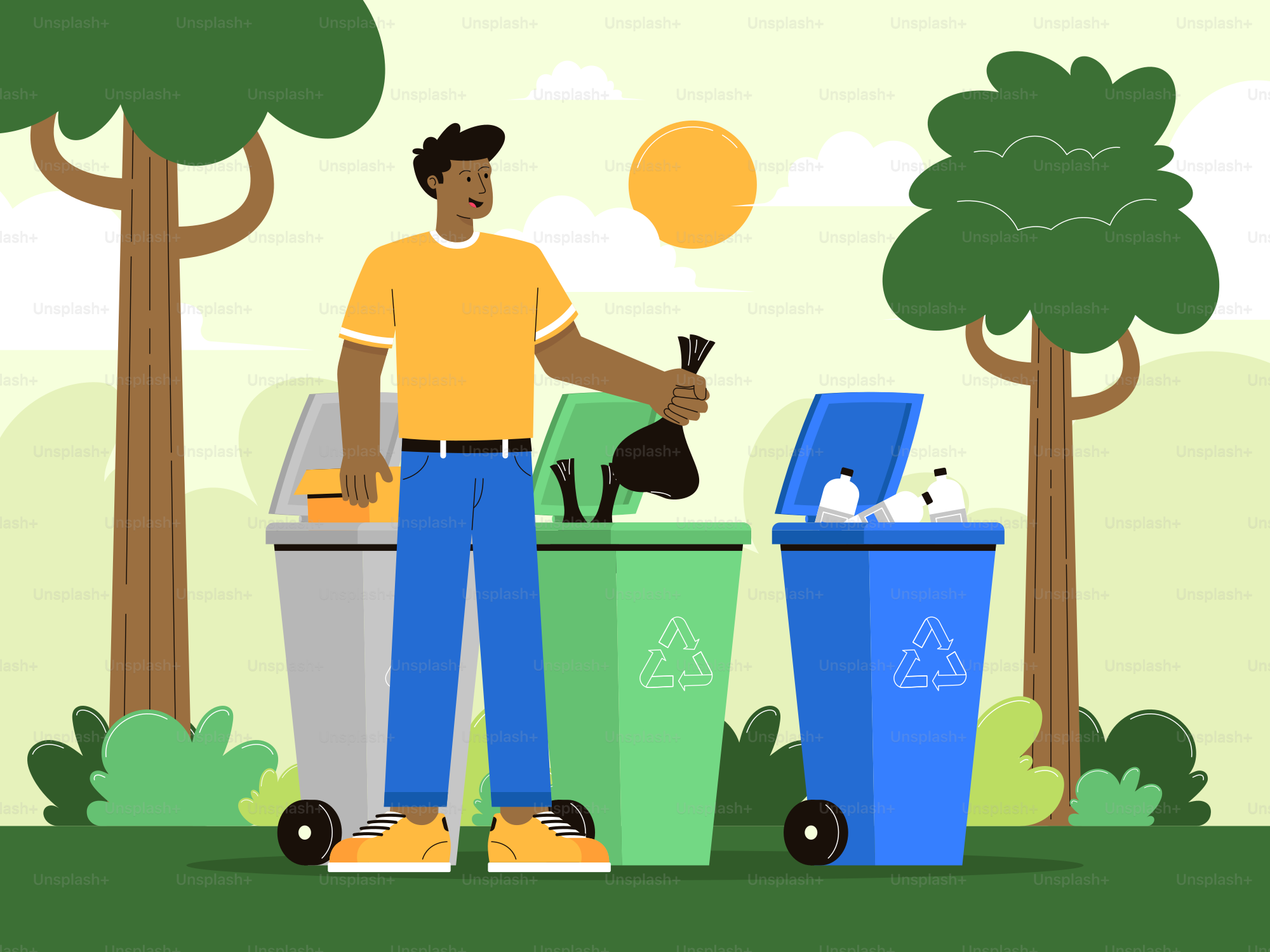 A man standing next to a trash can