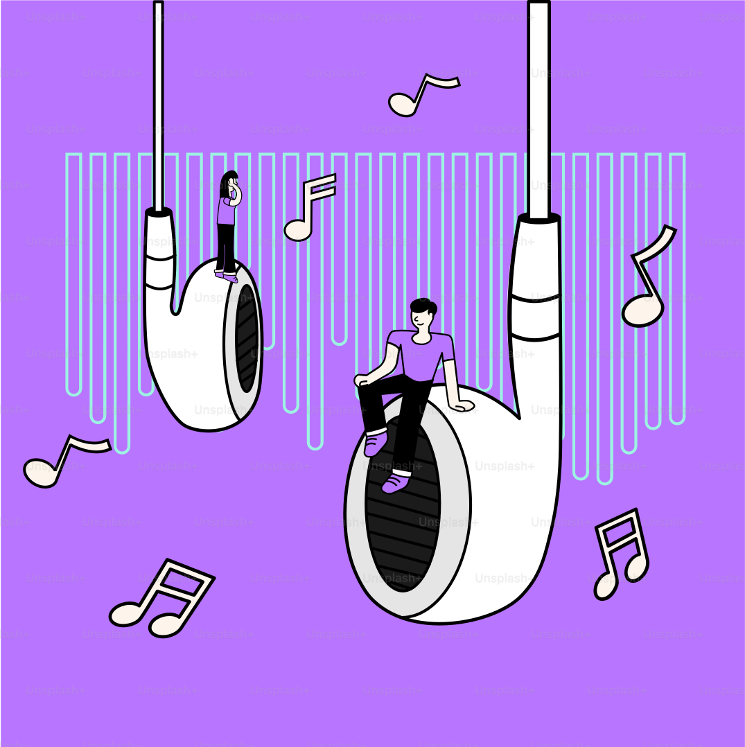 A purple background with music notes hanging from the ceiling