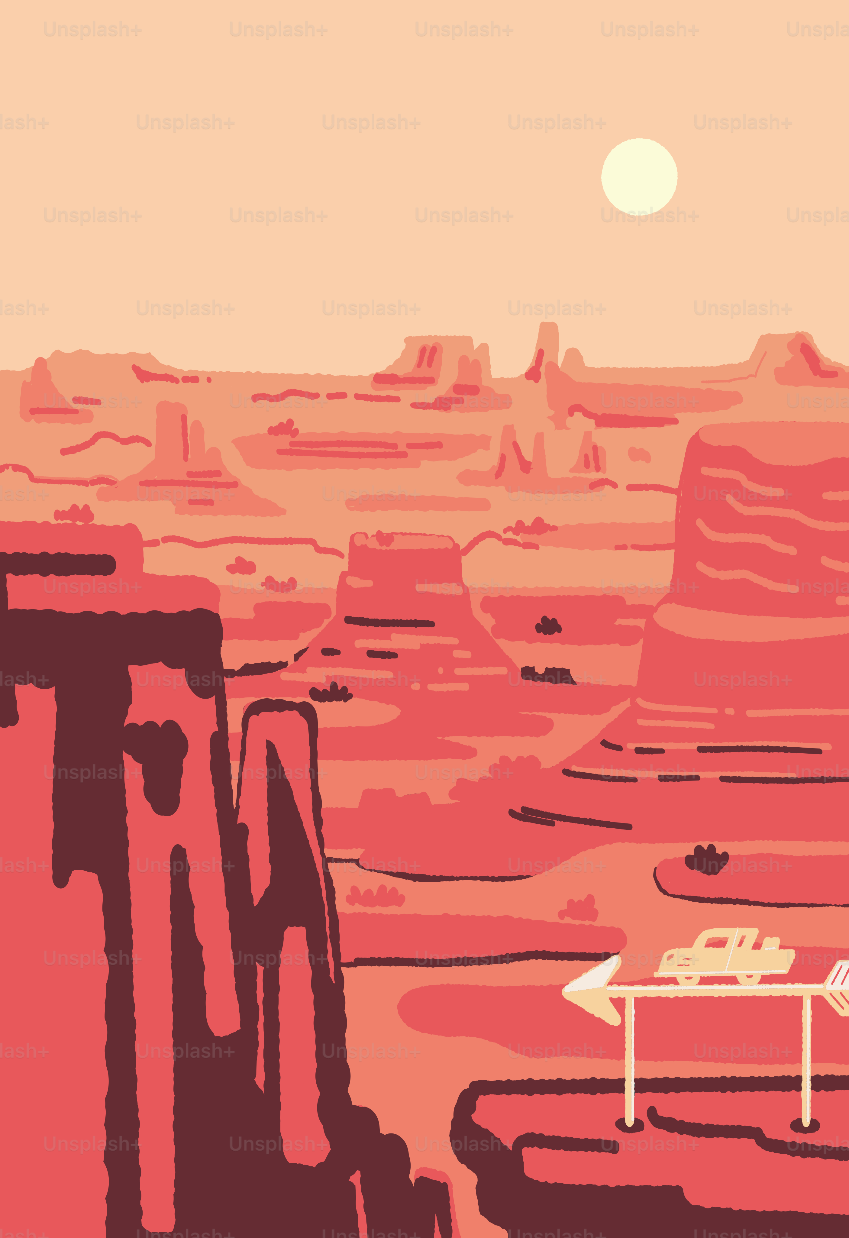 Eine Wüstenlandschaft mit einem Schild, das nach links zeigt