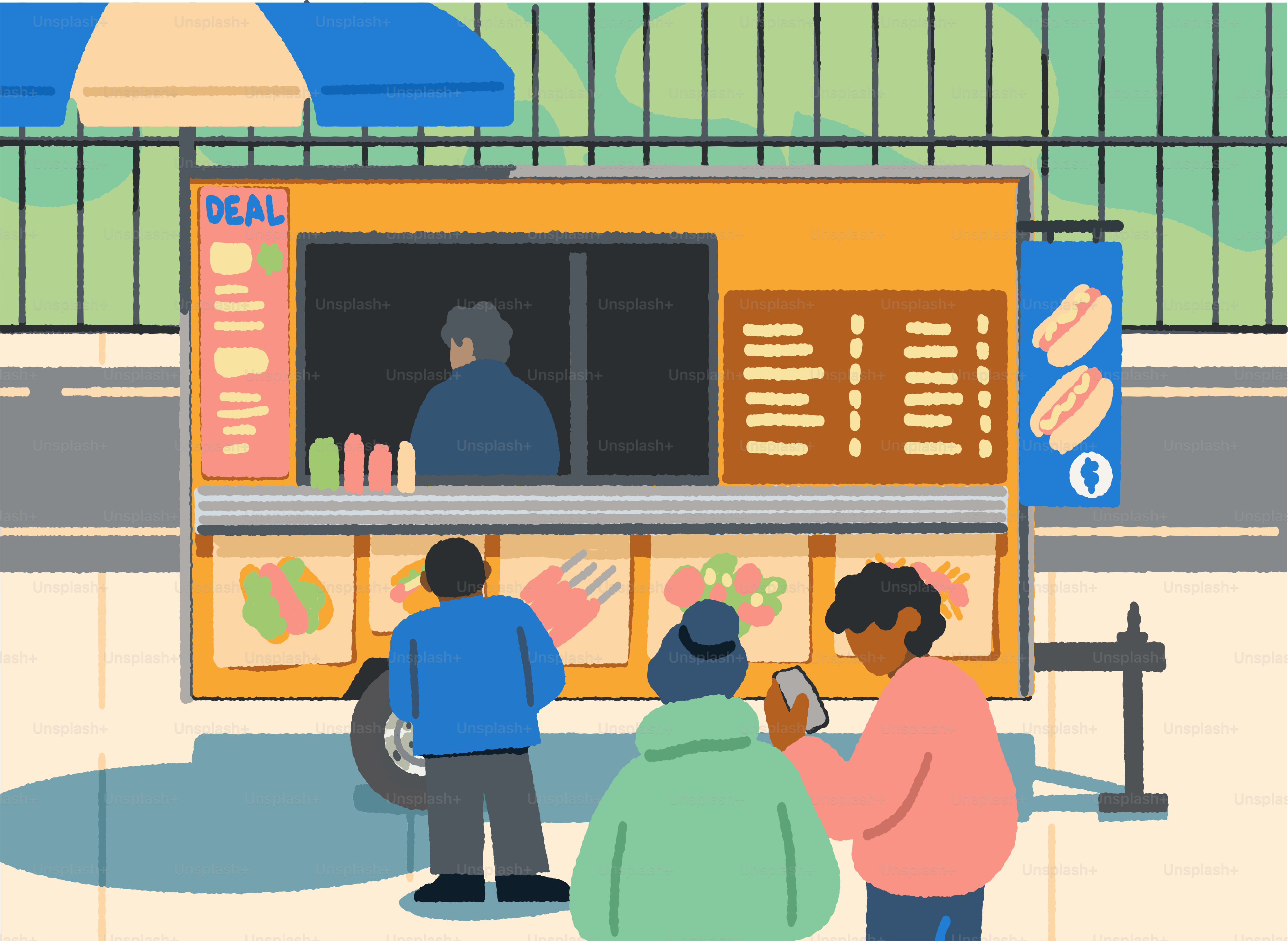 A group of people standing in front of a food truck