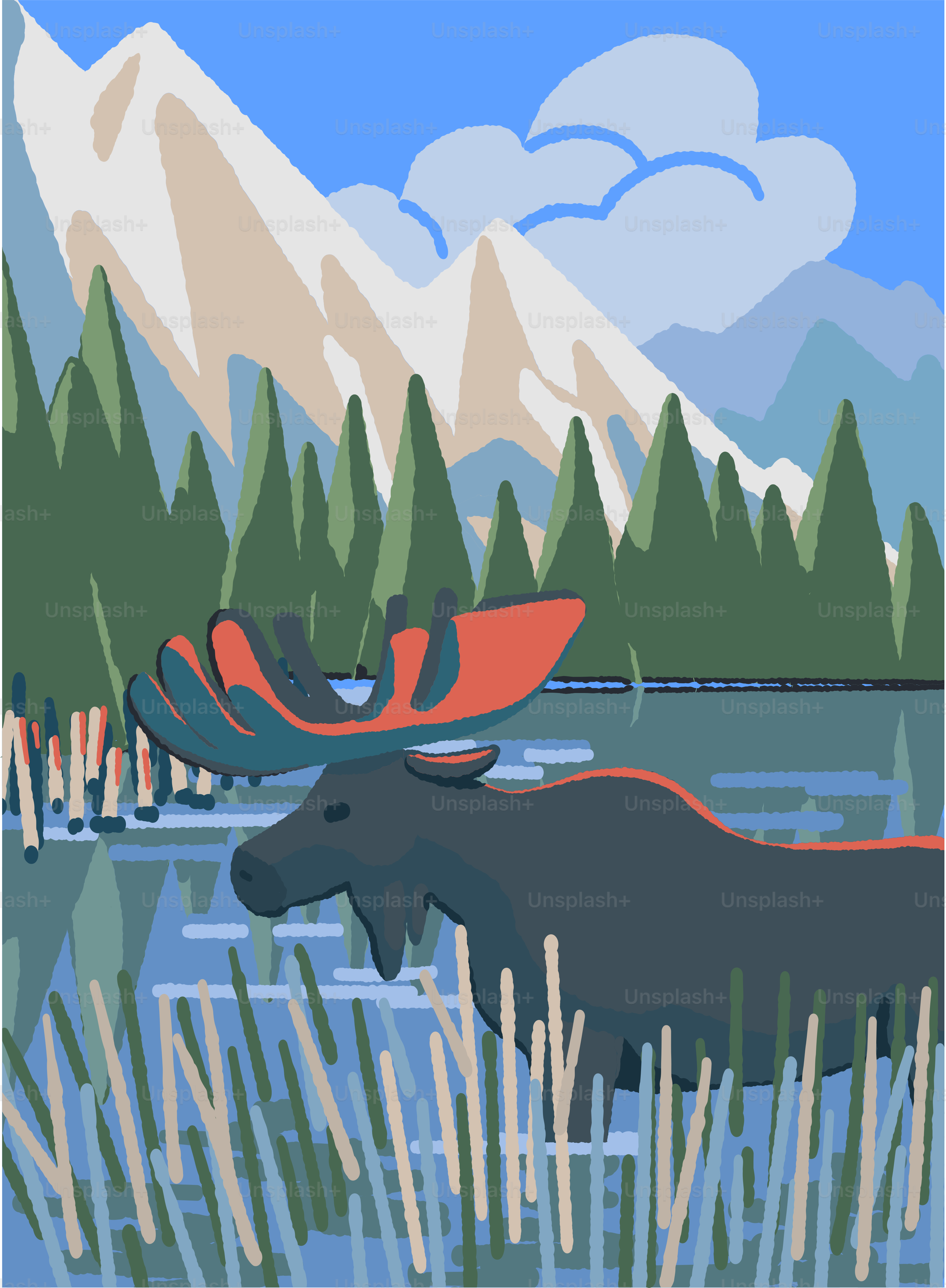 A moose and a canoe in a lake with mountains in the background