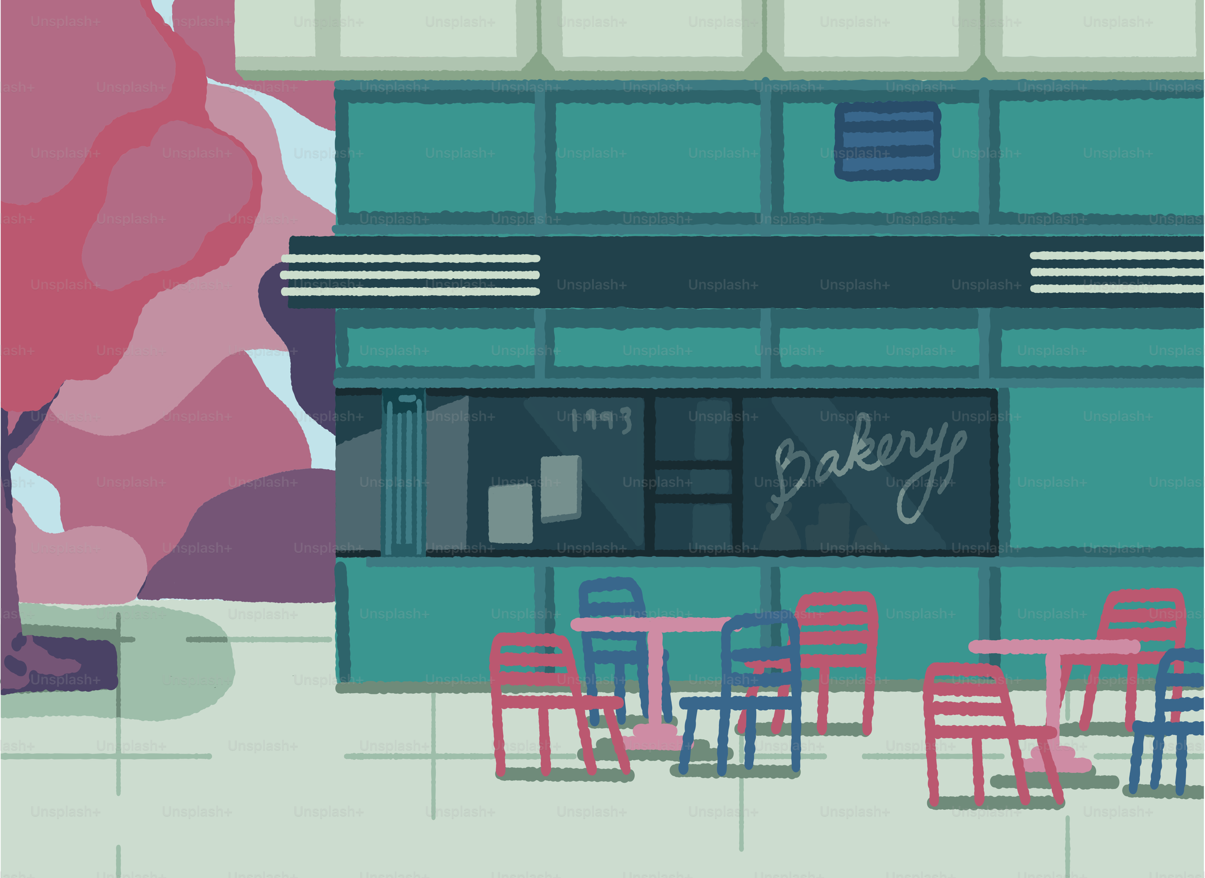 A picture of a building with a bunch of chairs in front of it
