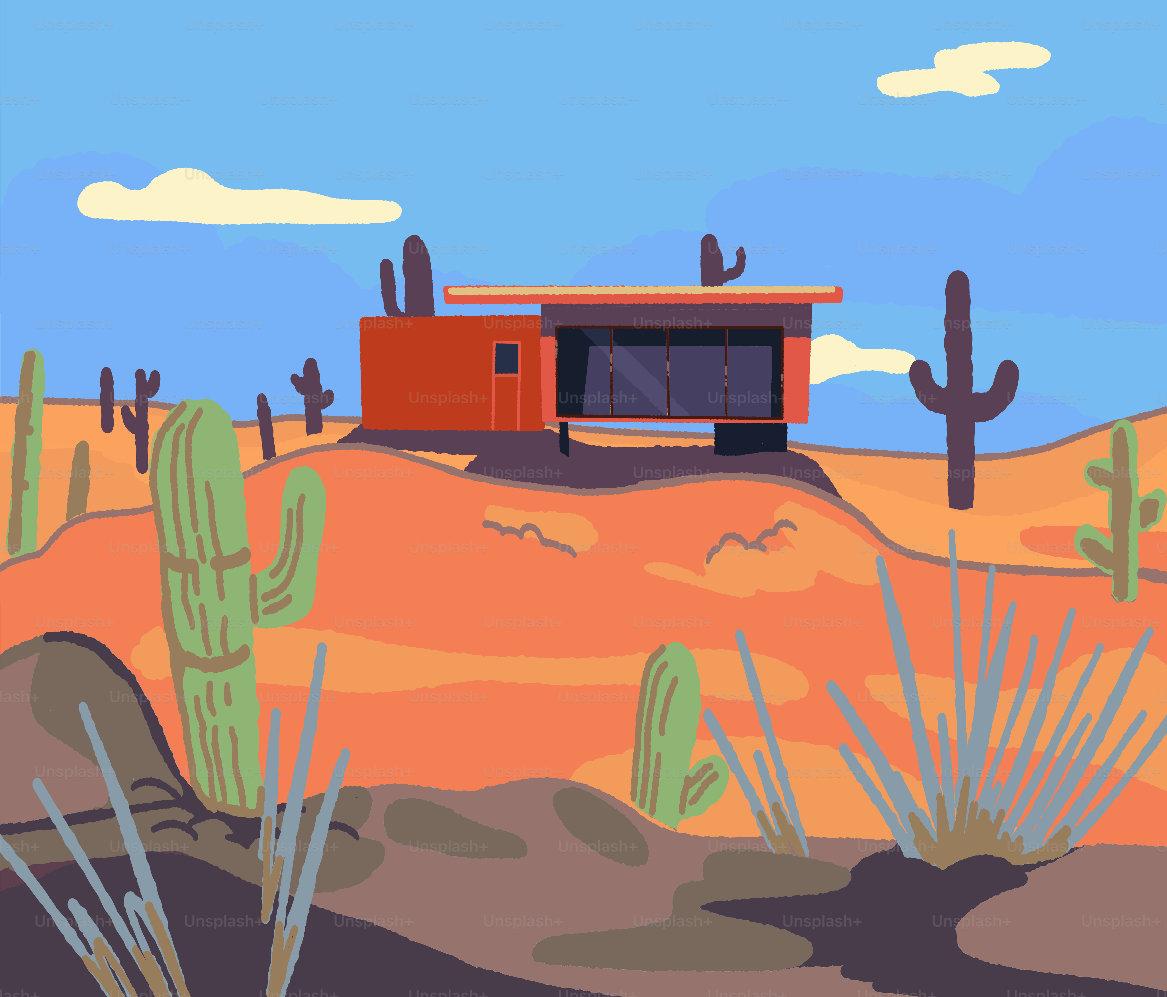 Eine Wüstenszene mit einem Haus und Kakteenbäumen