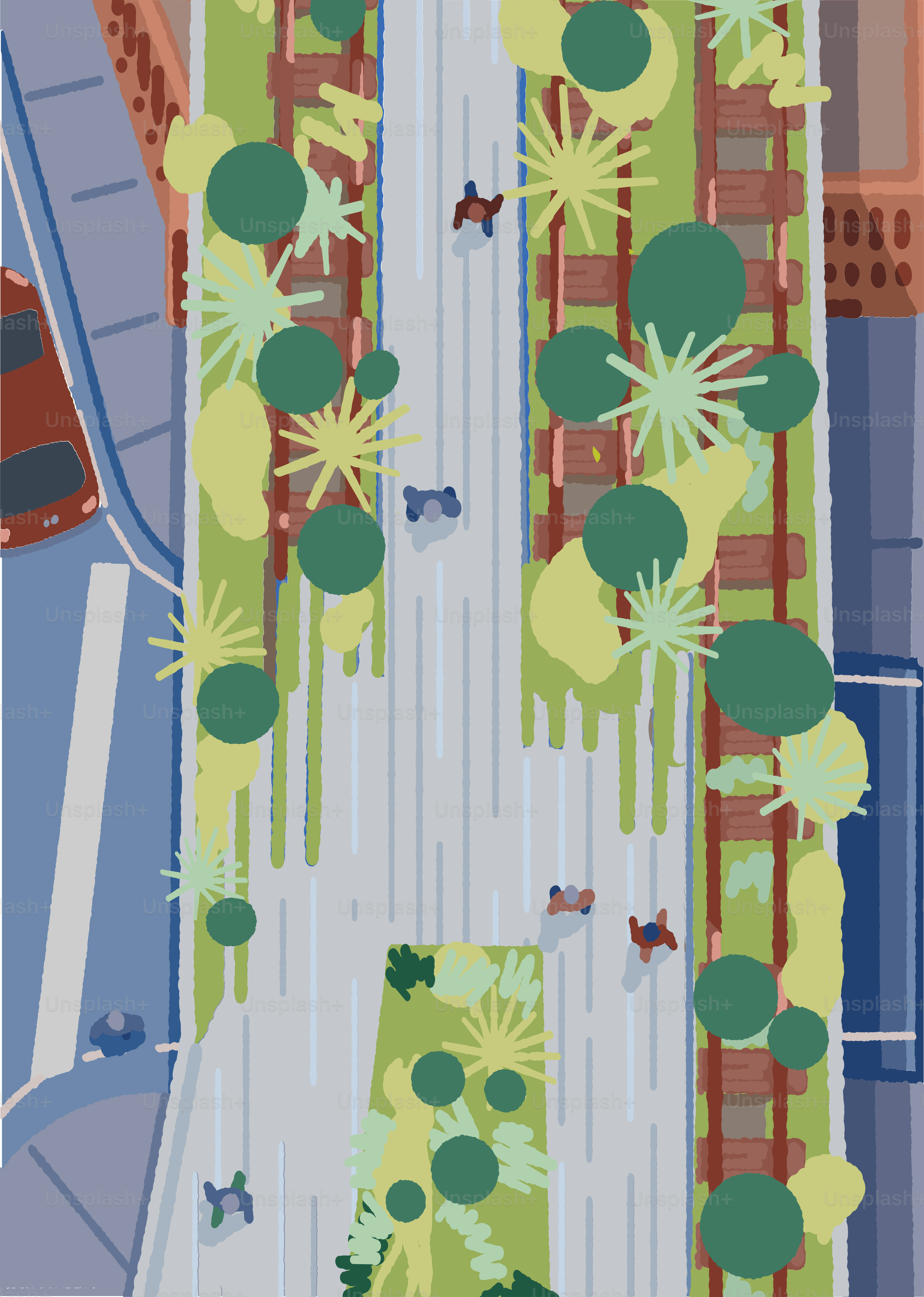 An aerial view of a street with trees and buildings