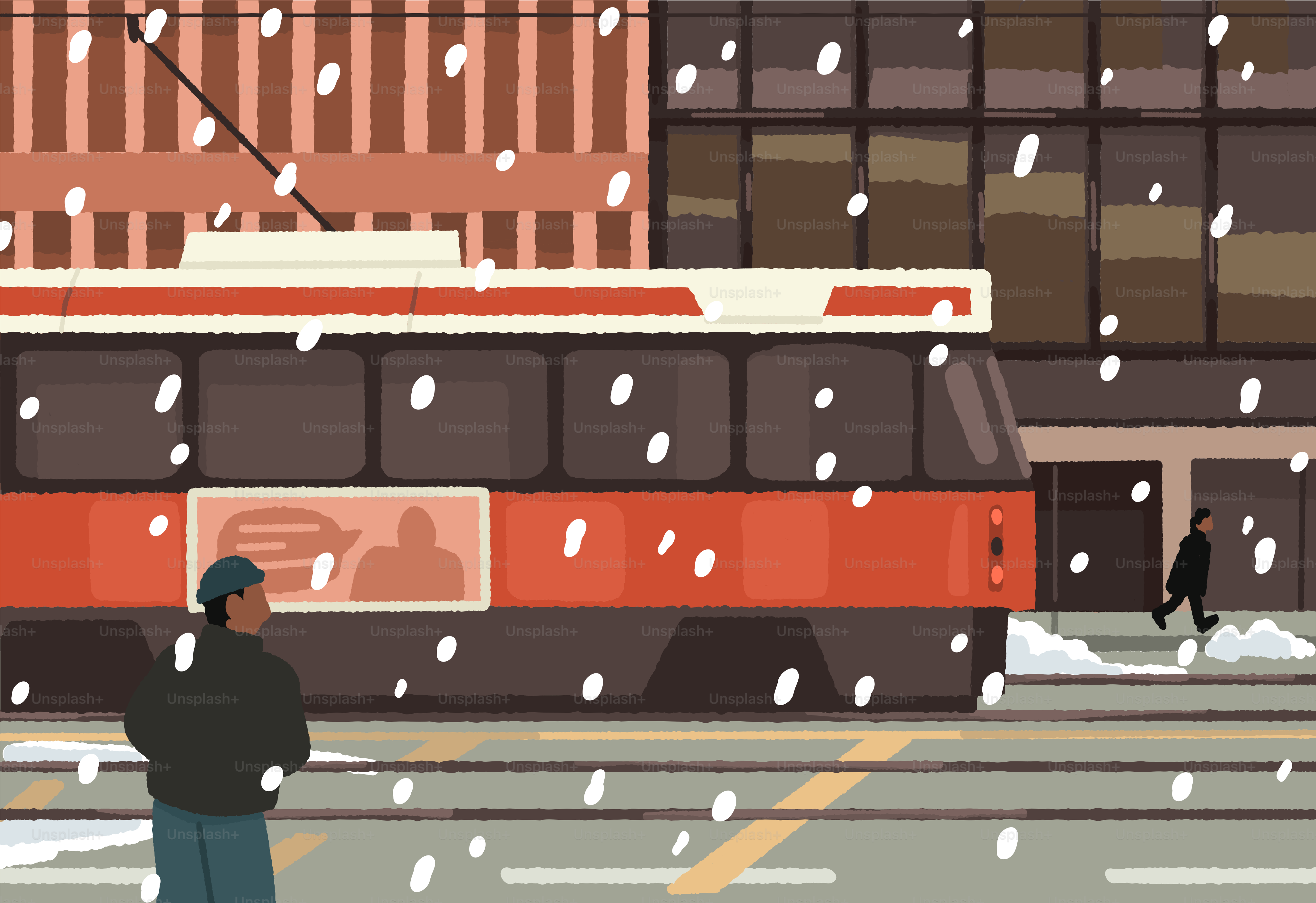 A man standing in front of a train in the snow