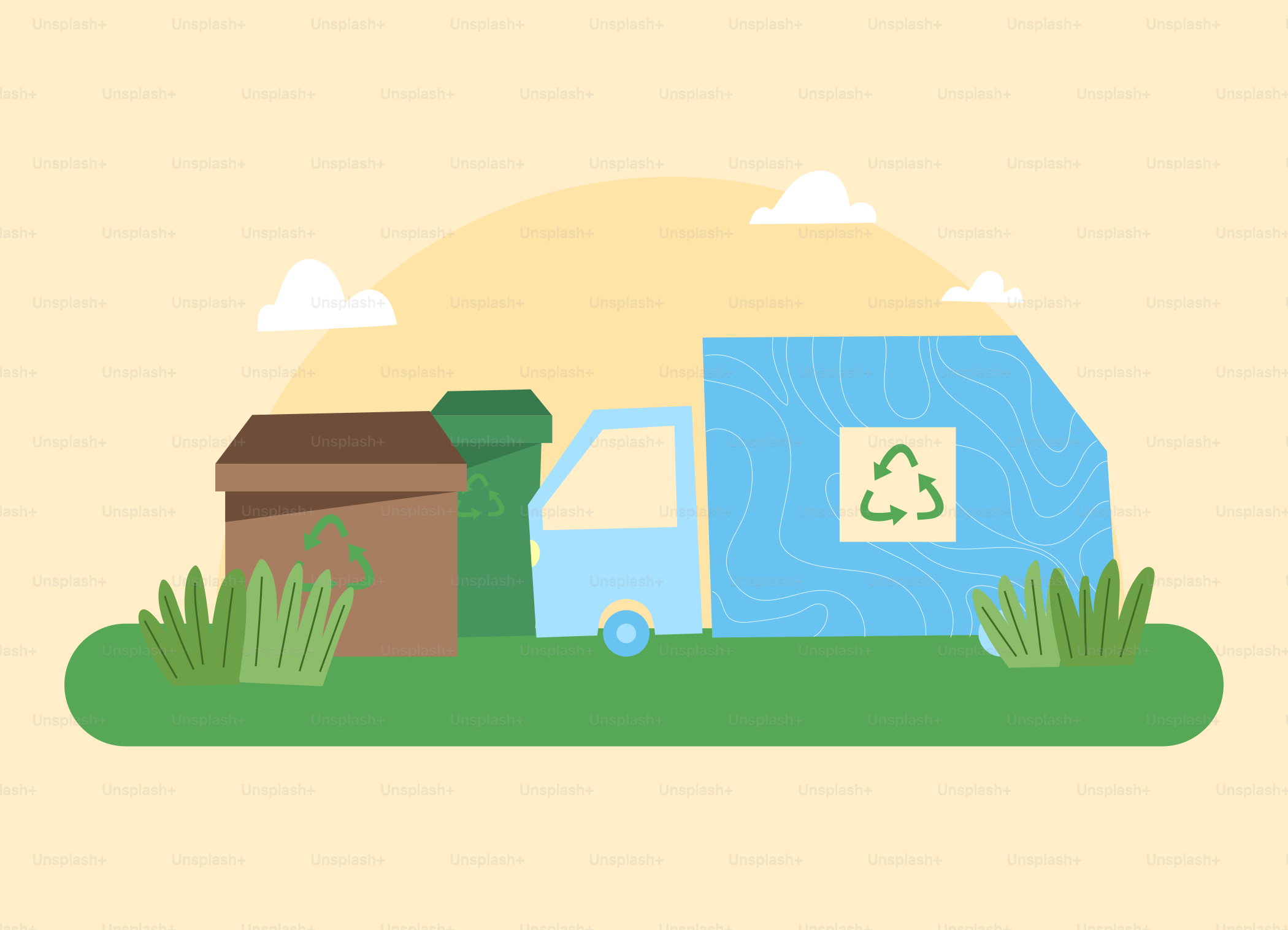 A blue truck with a recyclable sign on the side of it