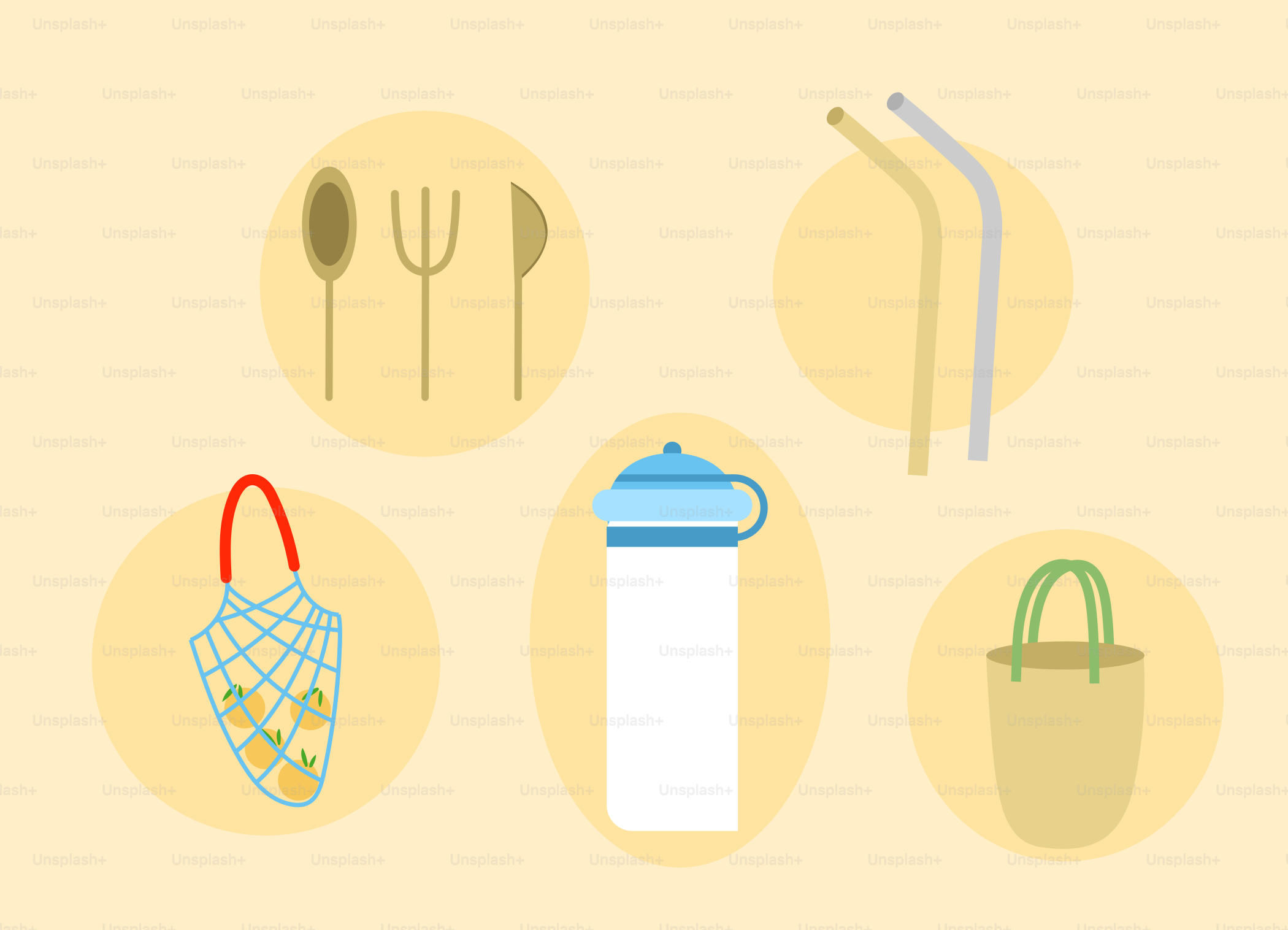 A picture of a bag, spoons, a bottle, a fork and a