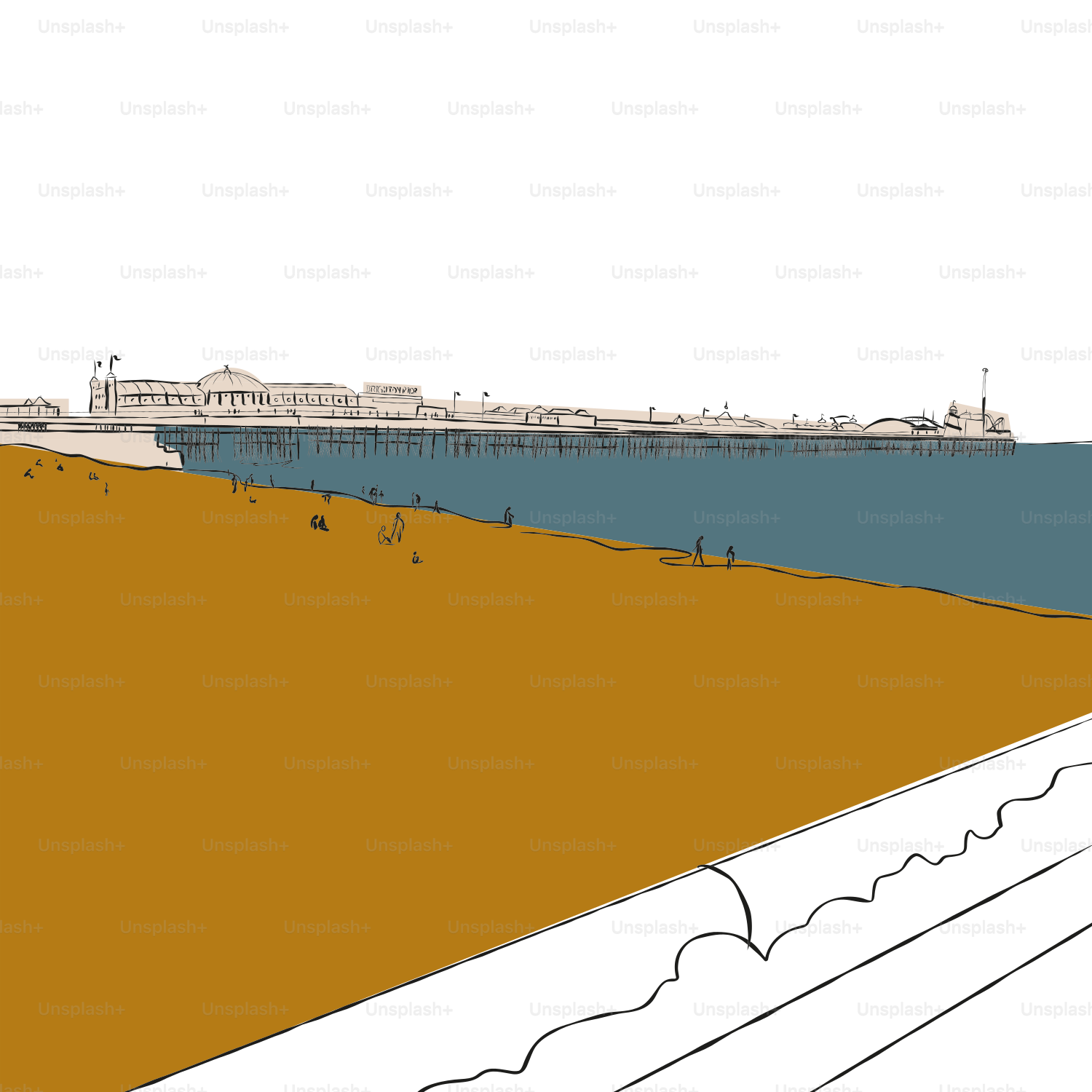 A drawing of a beach with a ship in the background