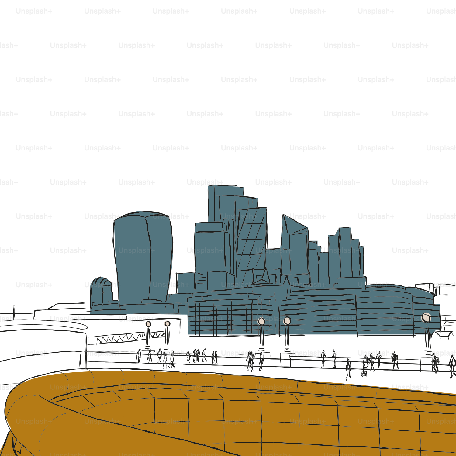 Un dessin de la silhouette d’une ville avec des gens qui se promènent