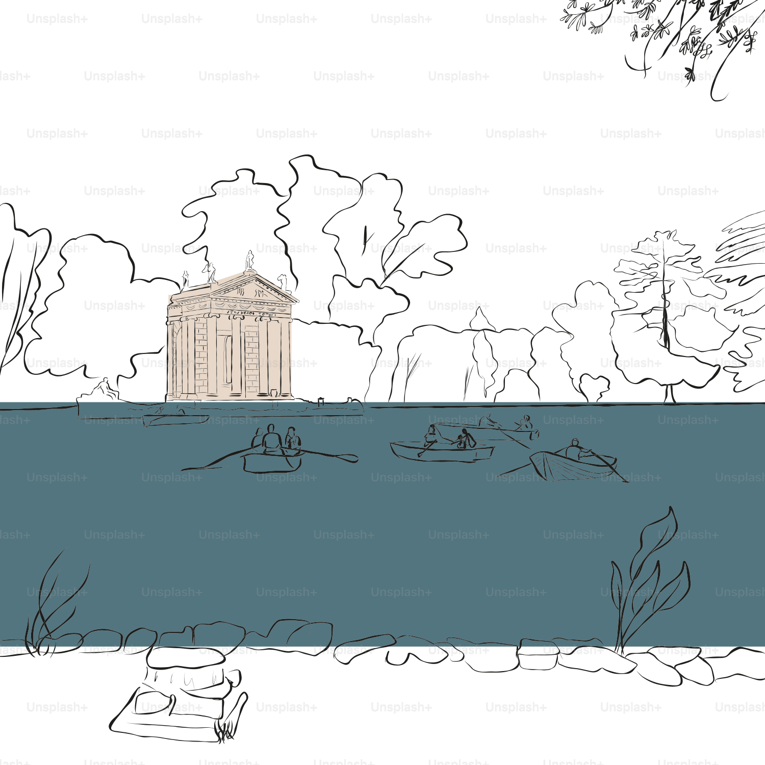 Un dessin d’un bâtiment au milieu d’un lac