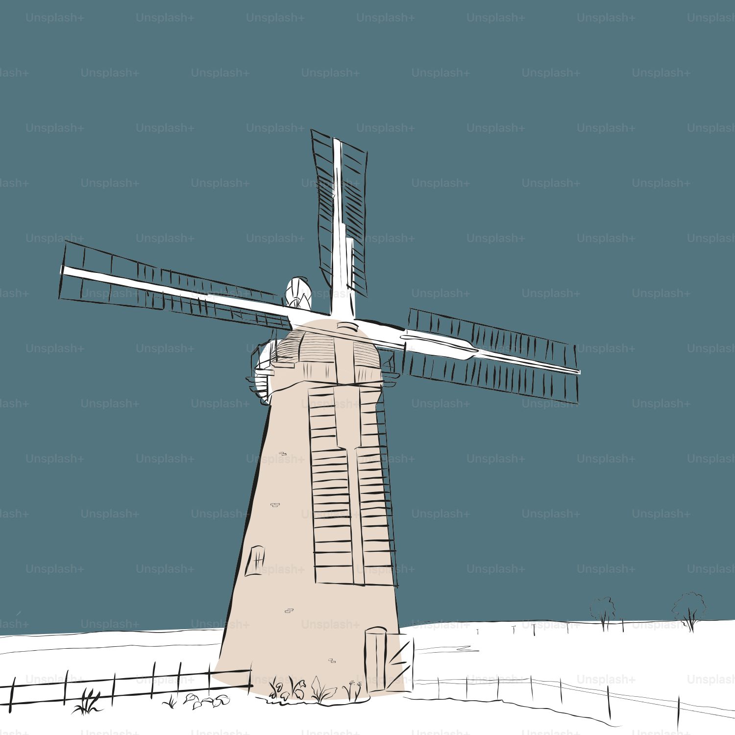 A drawing of a windmill in the snow