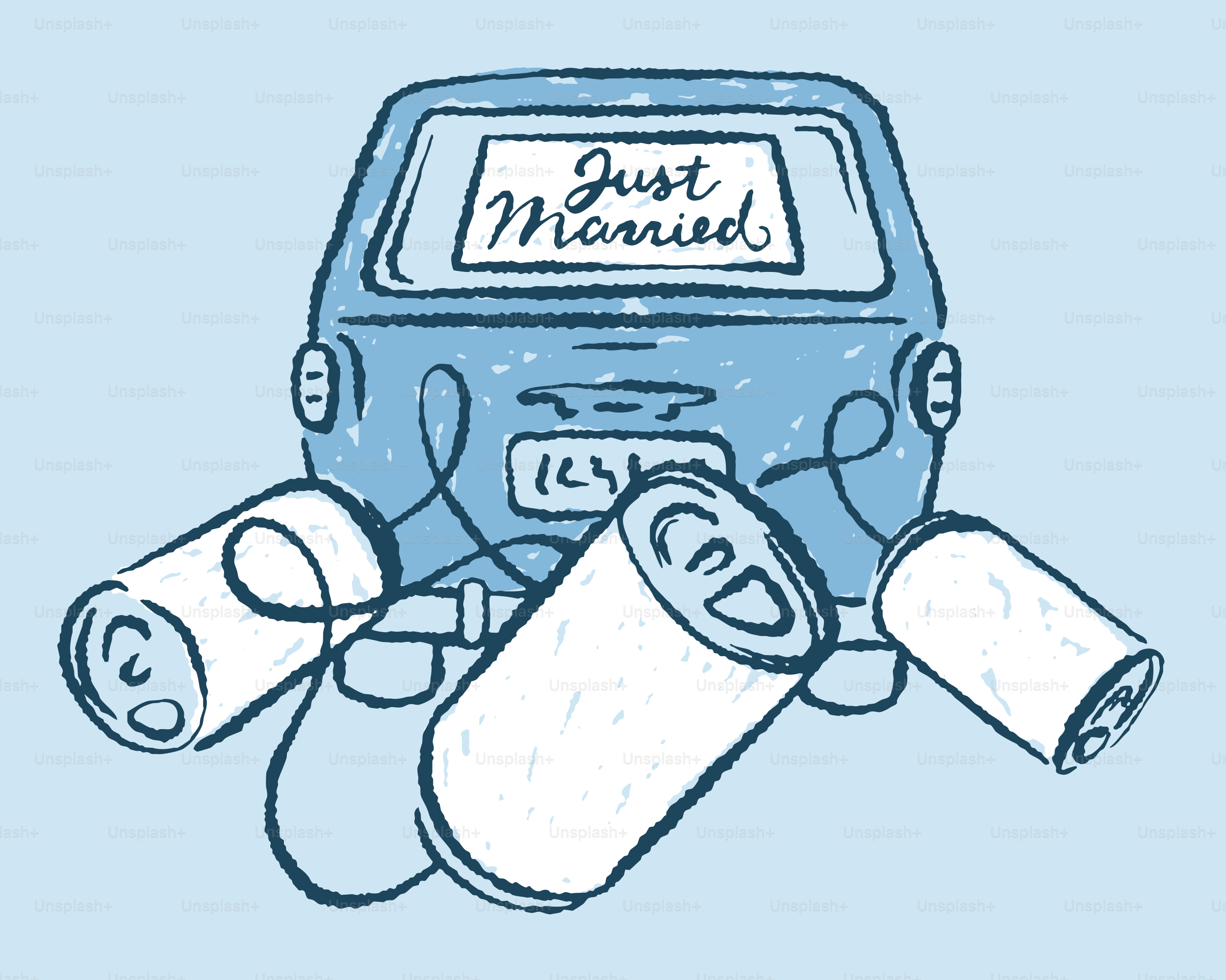 Un dessin d’une voiture bleue avec un panneau « Juste marié » dessus