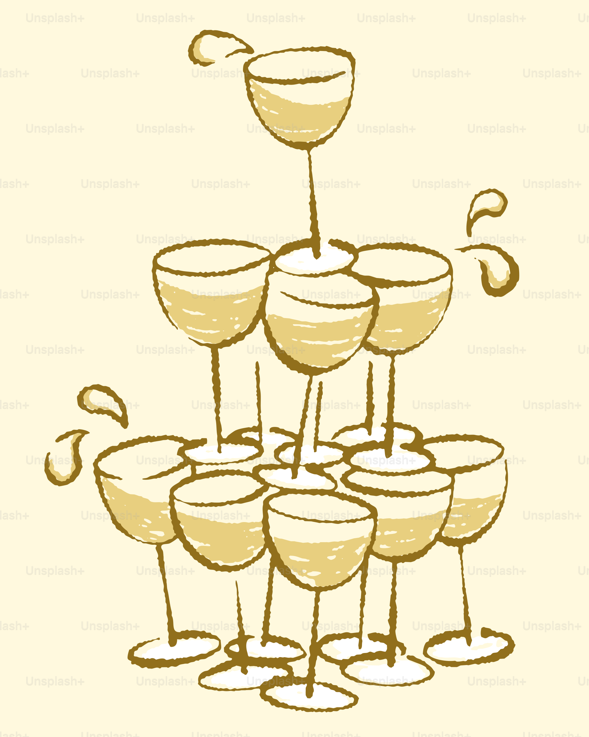 A drawing of a tower of wine glasses