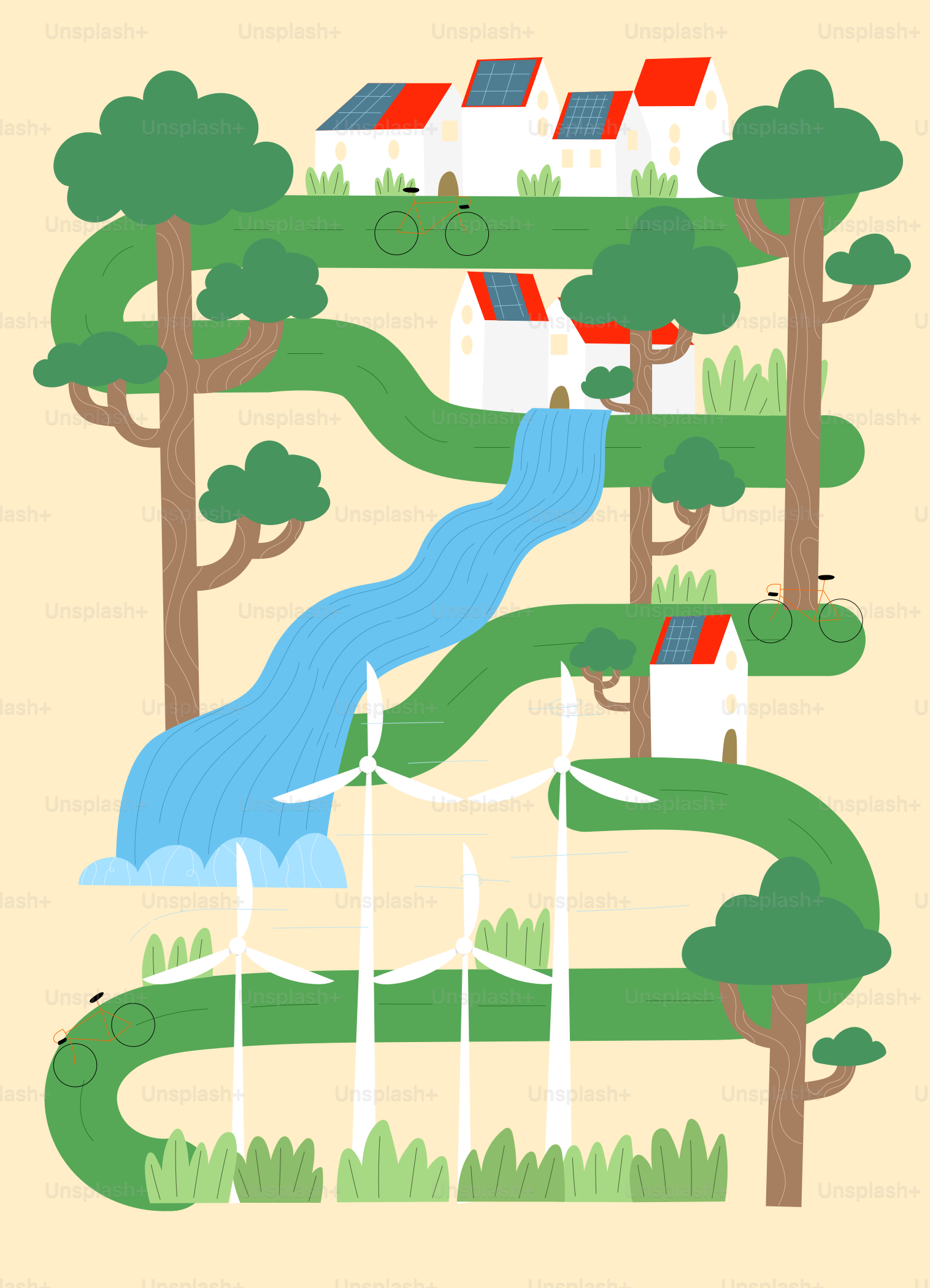 Ein Plakat mit einem Haus und einem Fluss in der Mitte