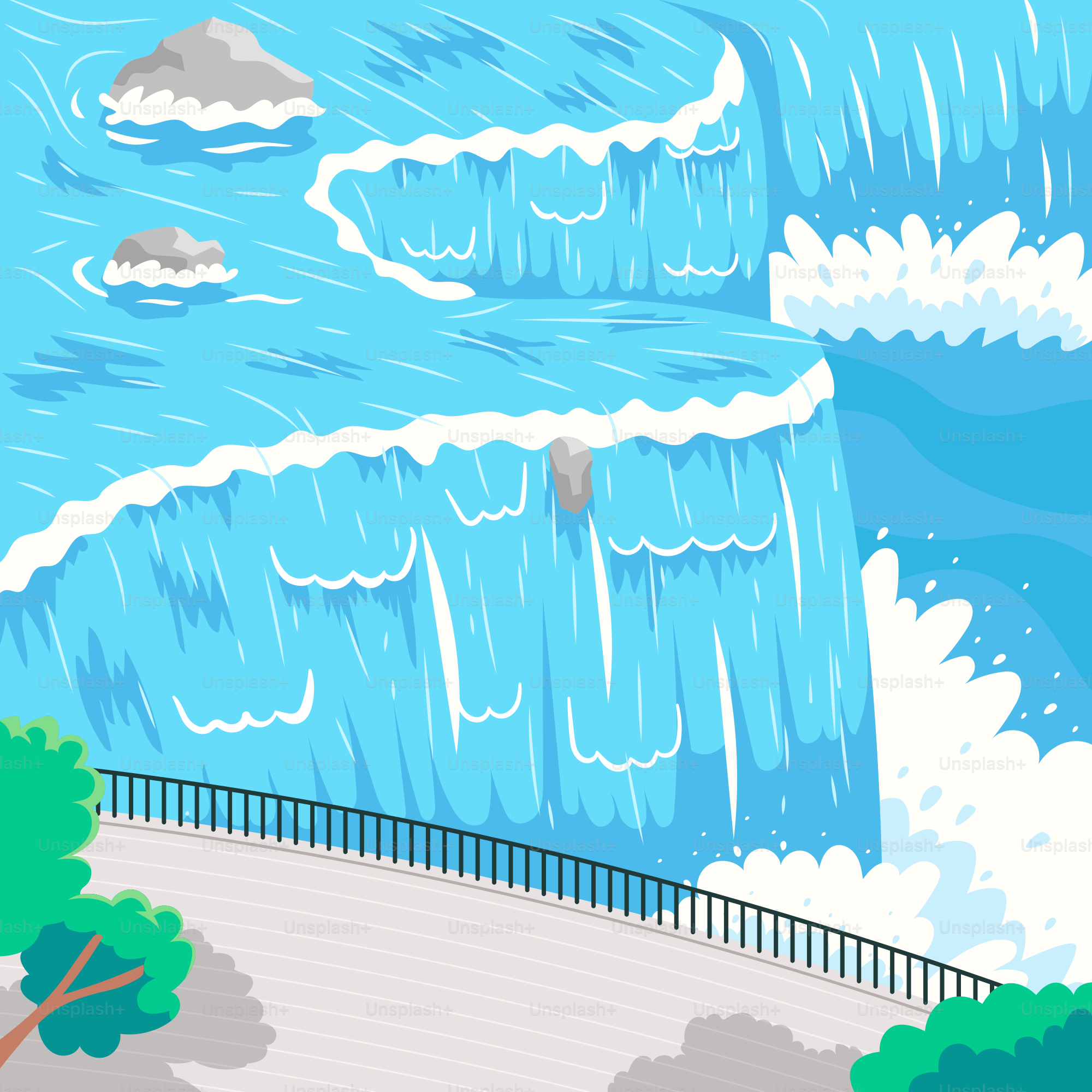 A drawing of a waterfall with trees and a fence