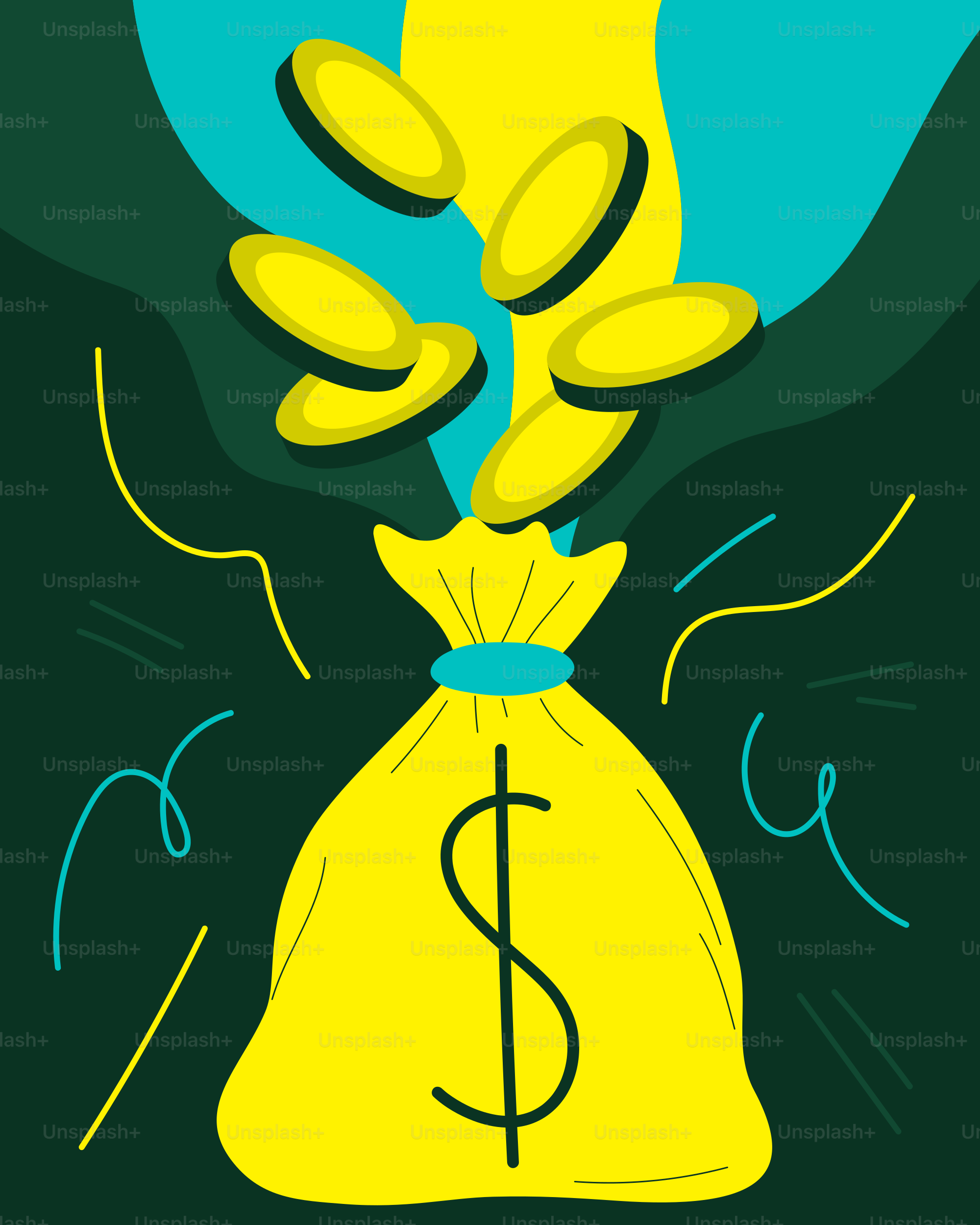 Un sac jaune avec un signe de dollar qui en sort