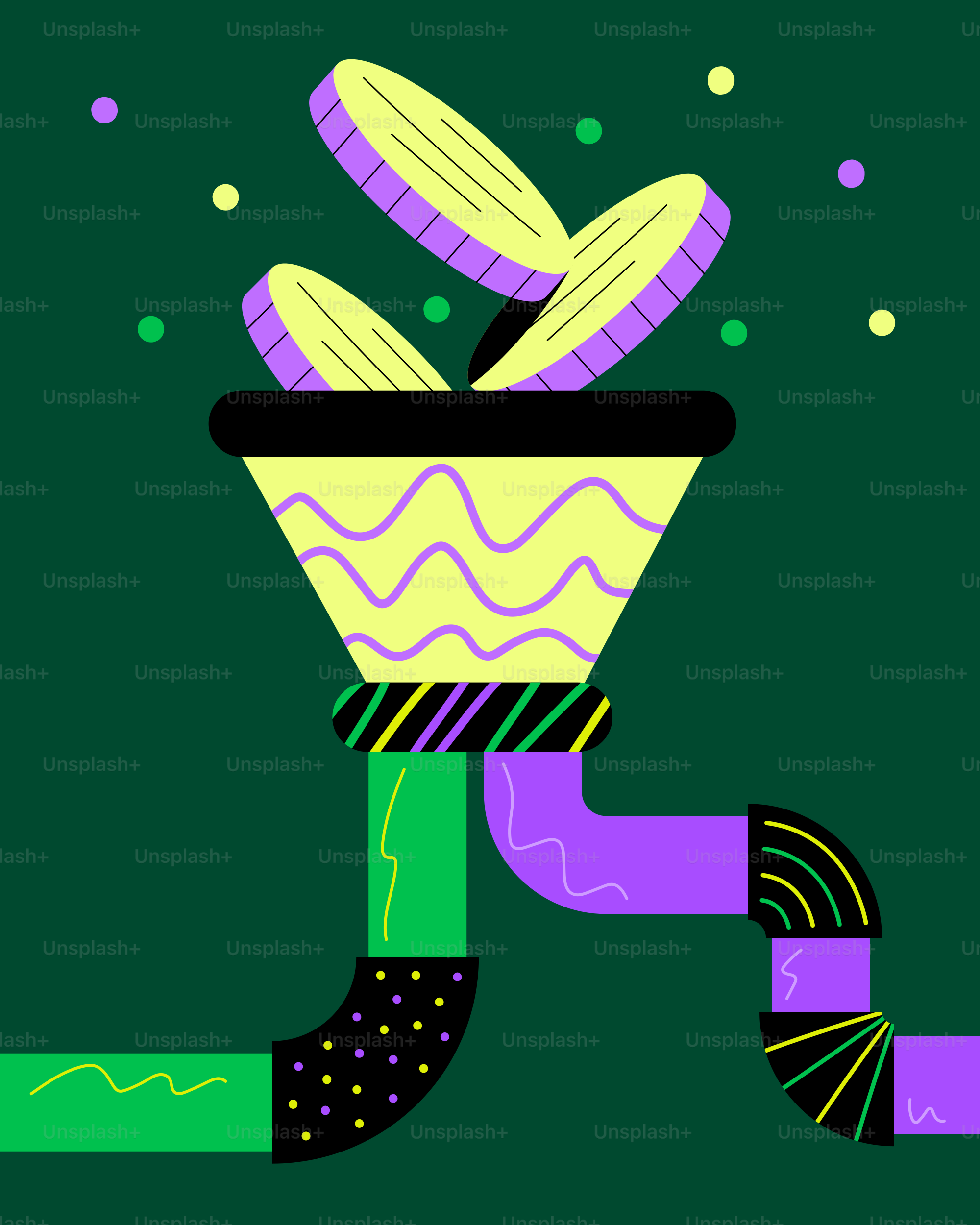 A colorful illustration of a potted plant on a green background