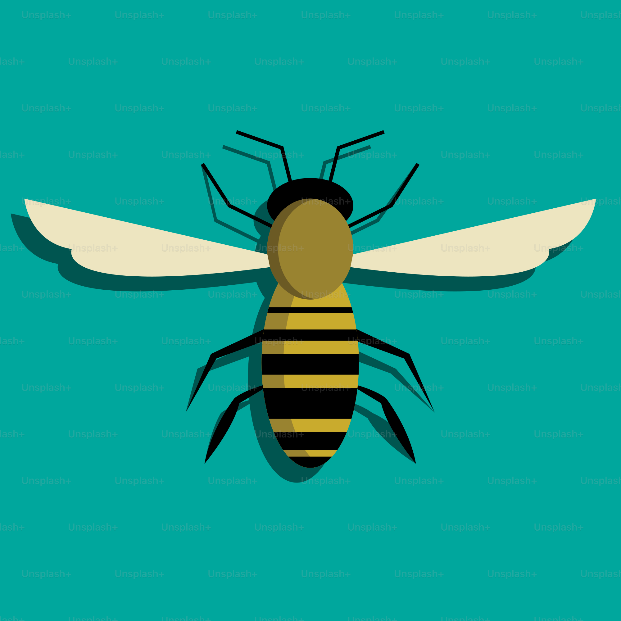 A yellow and black bee on a blue background