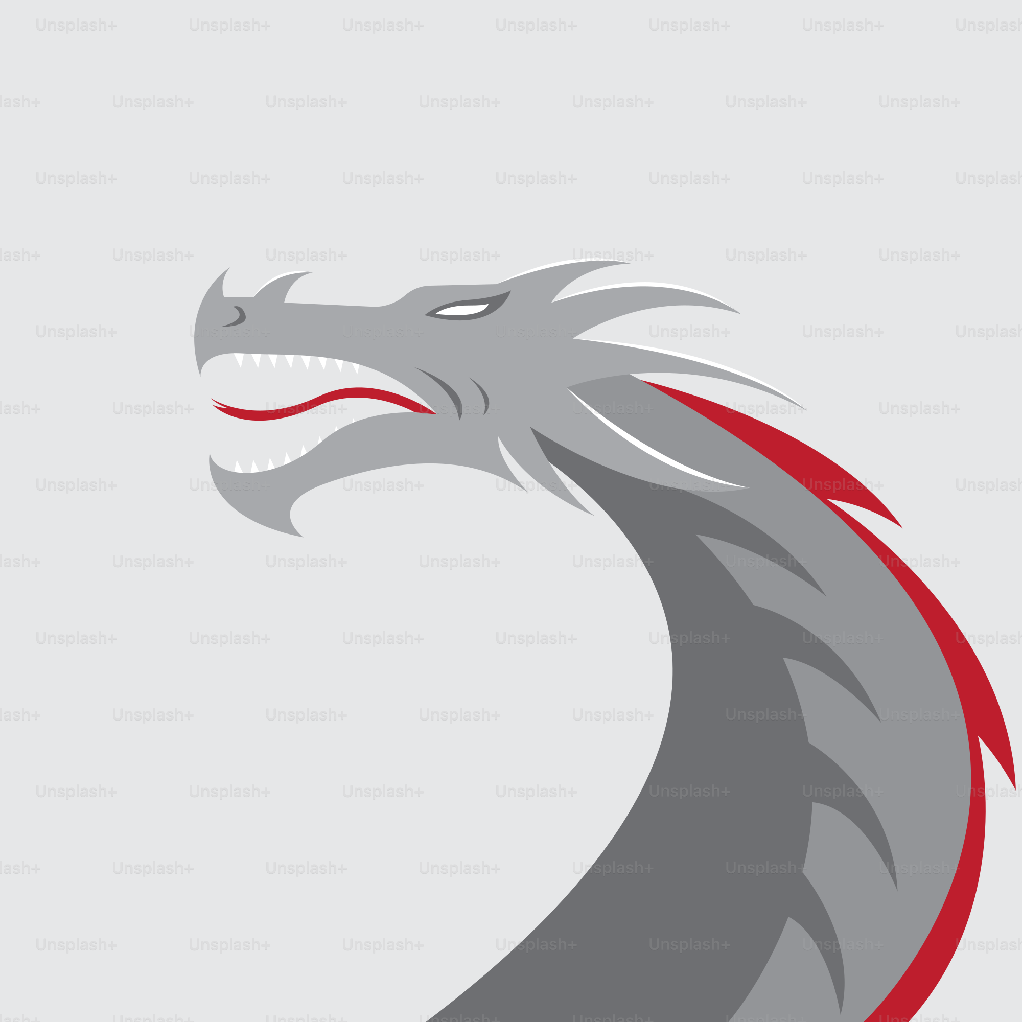 A gray and red dragon logo on a white background