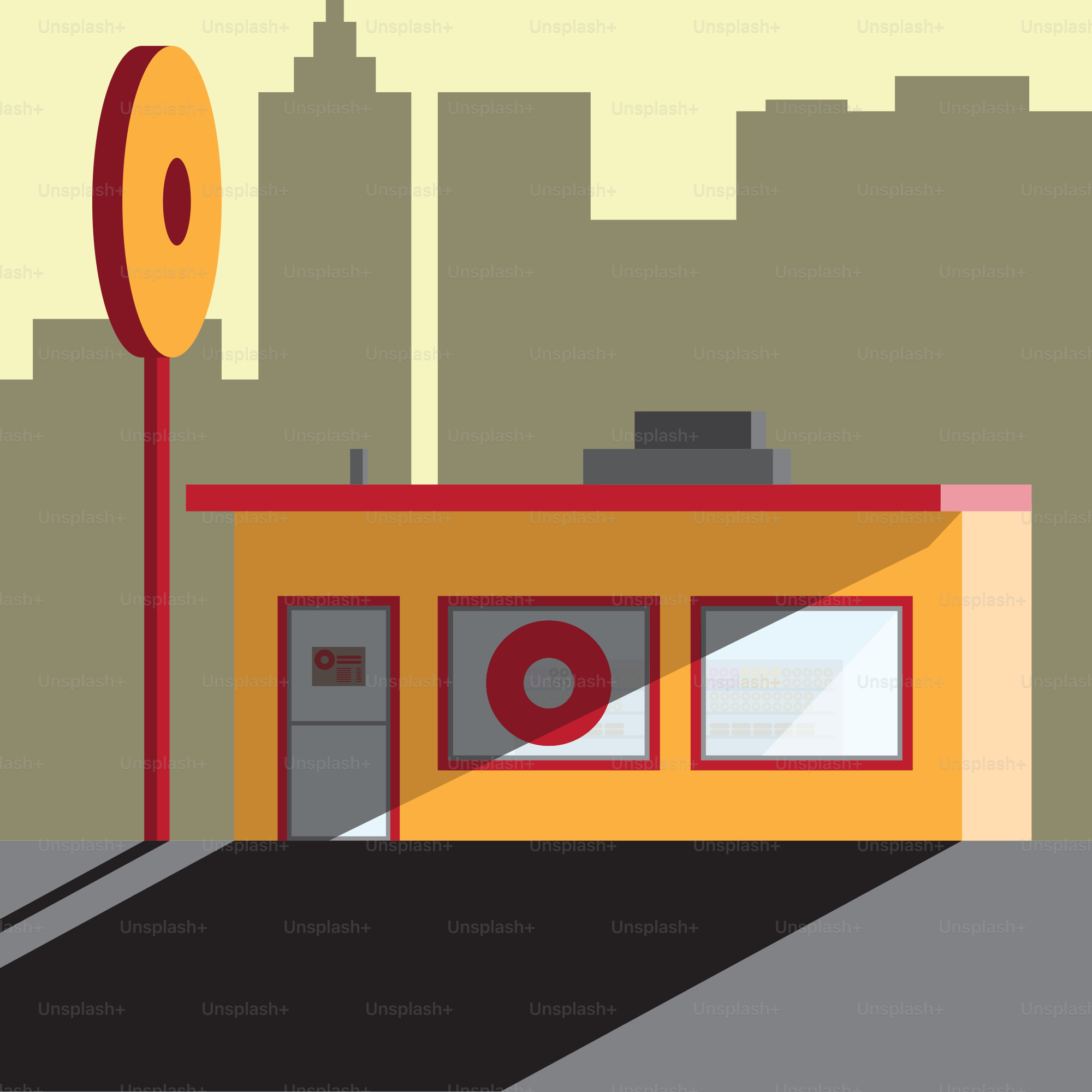 A small yellow building with a red roof