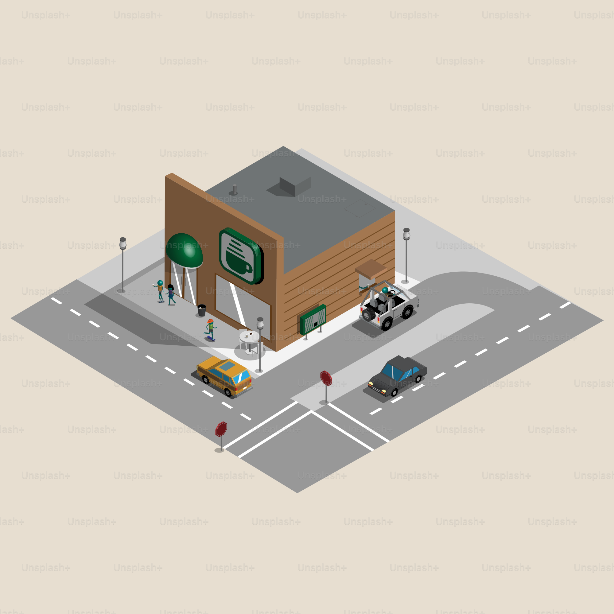 An illustration of a gas station with a car parked in front of it