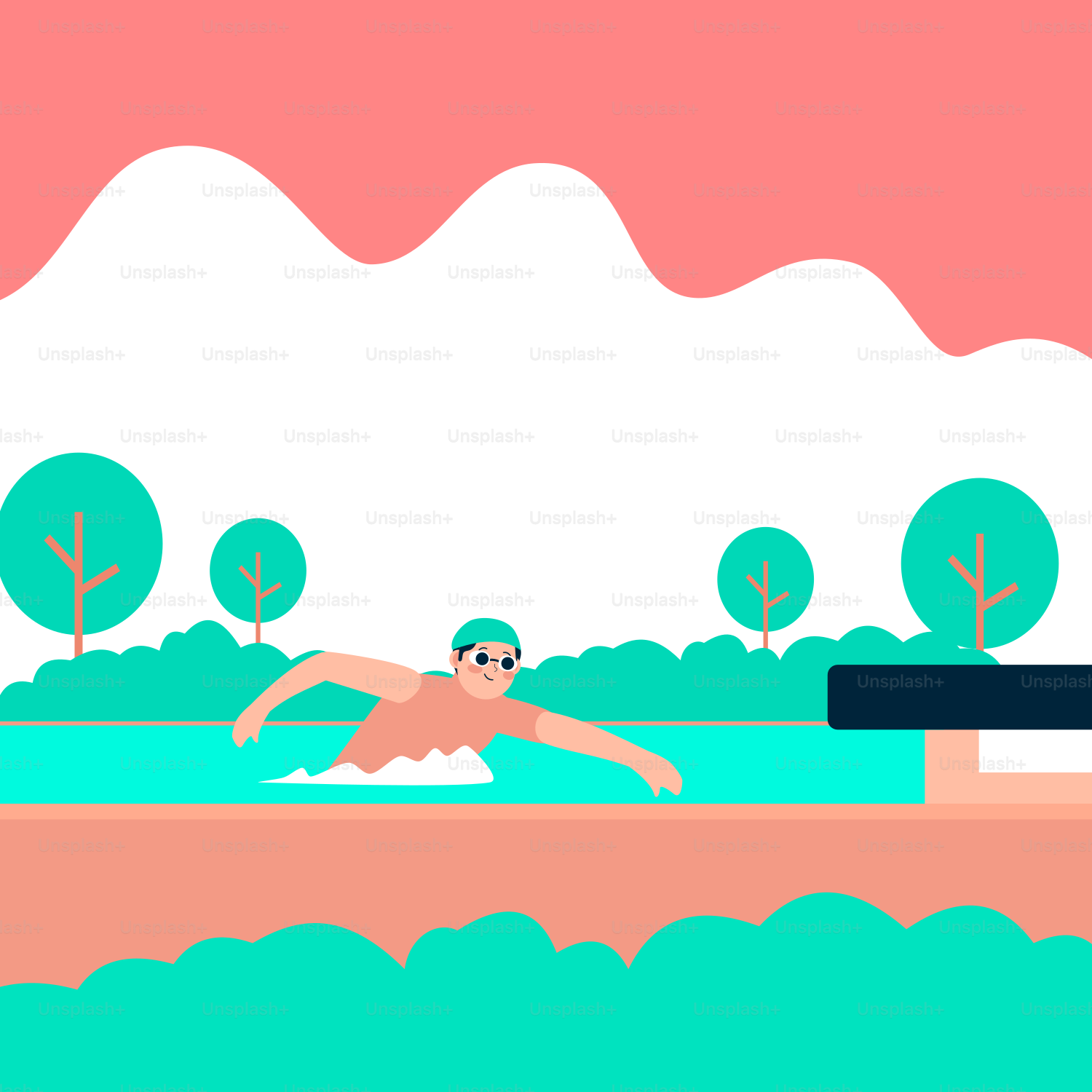 A man swimming in a pool with trees in the background
