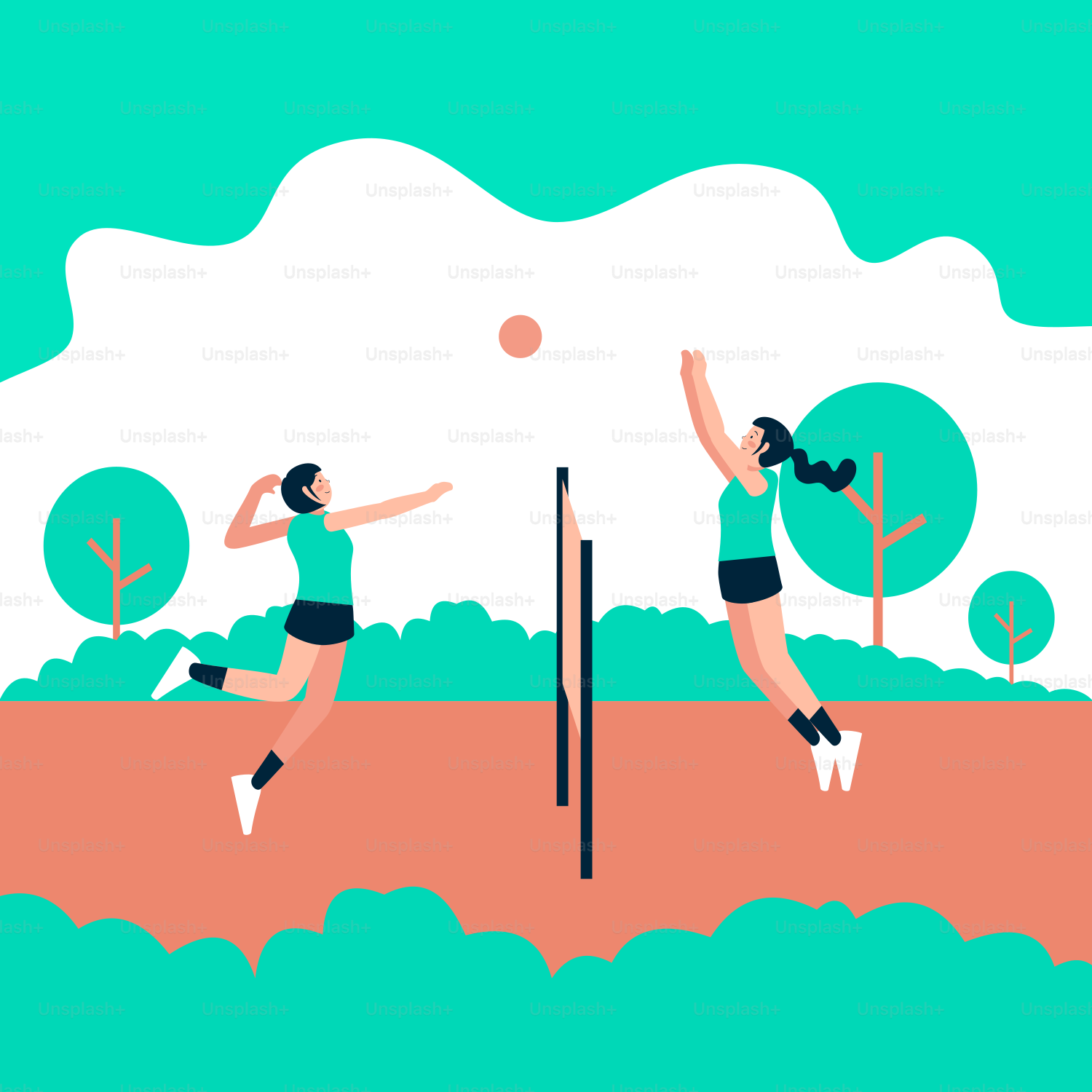 A couple of women playing a game of volleyball