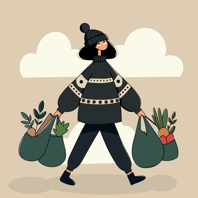 Eine Frau, die zwei Säcke Gemüse trägt