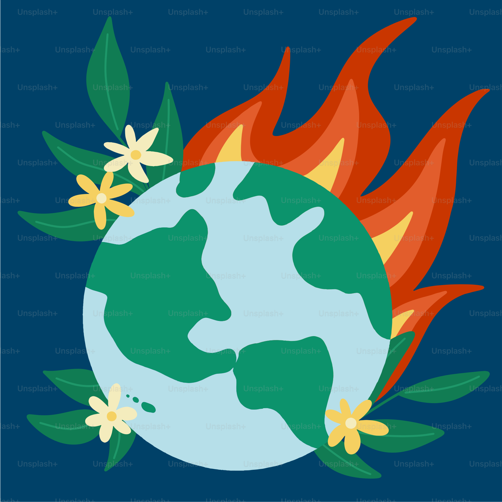 A picture of the earth on fire with flowers around it