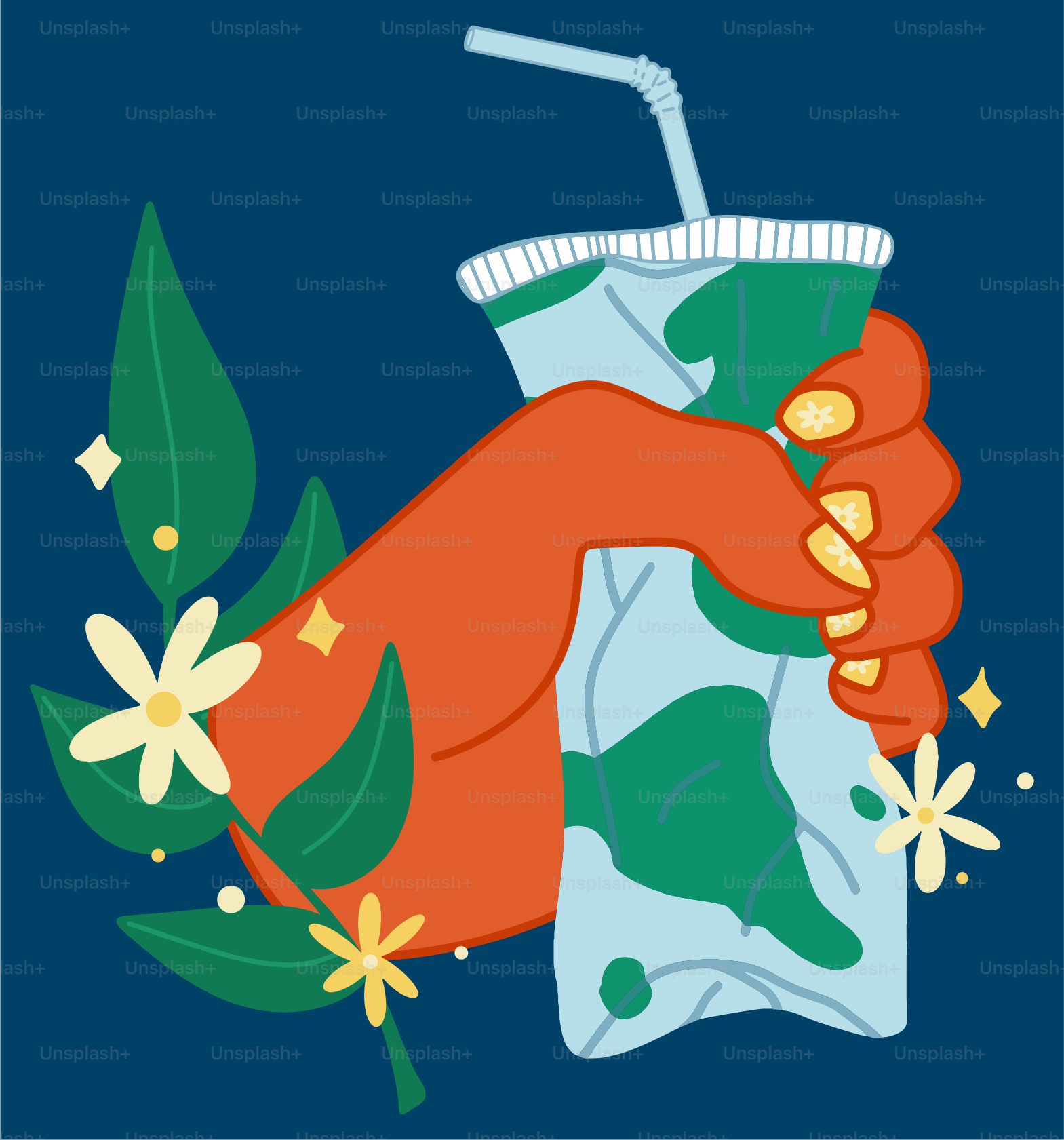 A hand holding a drink with a straw in it