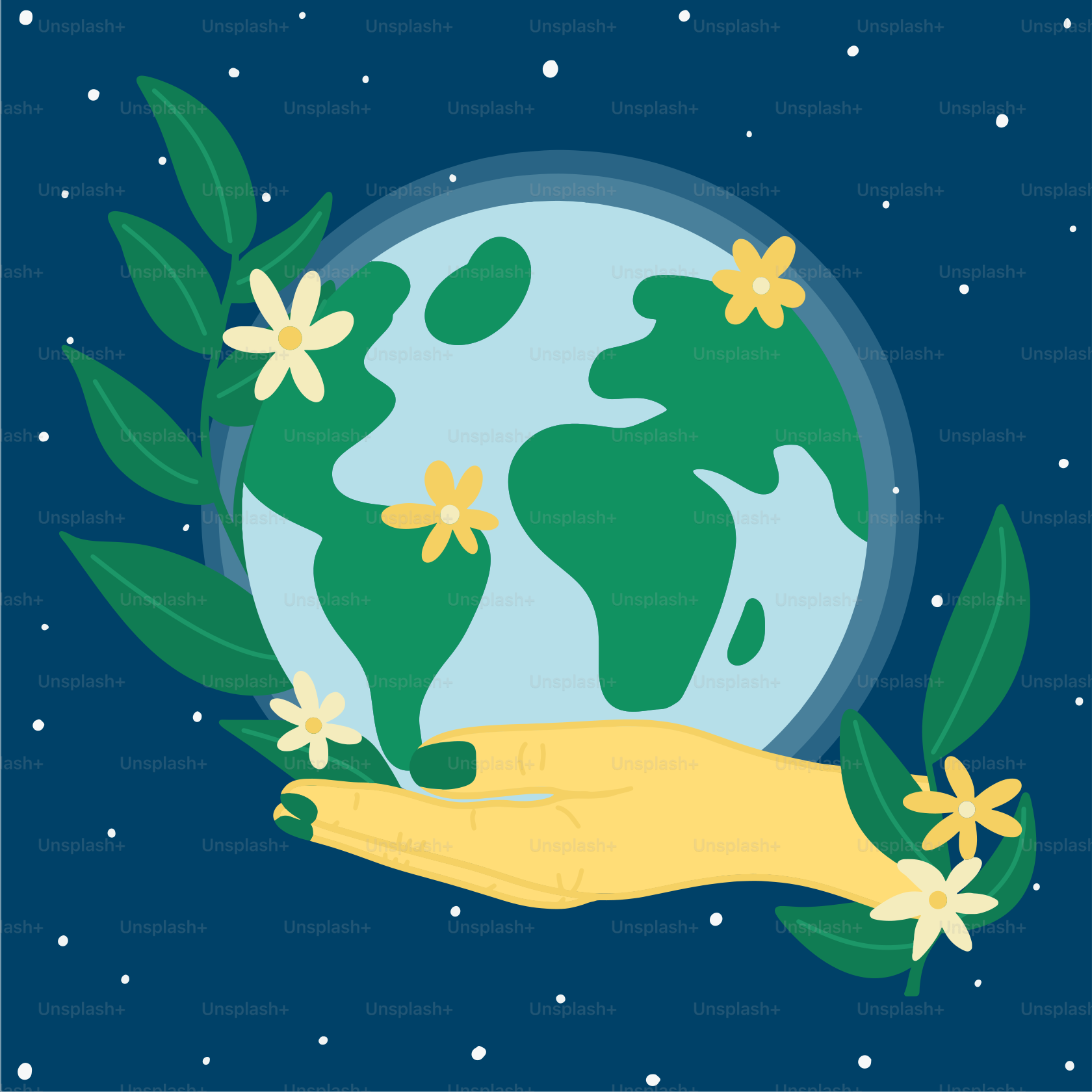A hand holding the earth with flowers on it