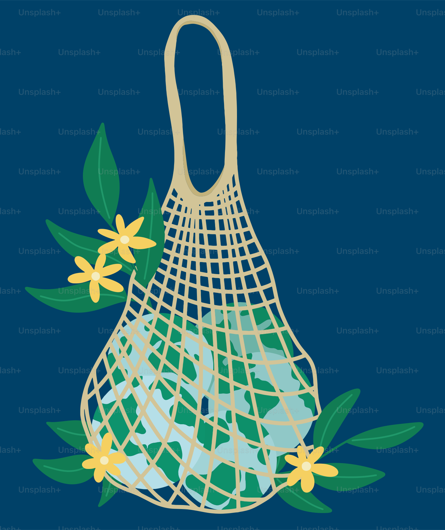 A bag with flowers and leaves on a blue background