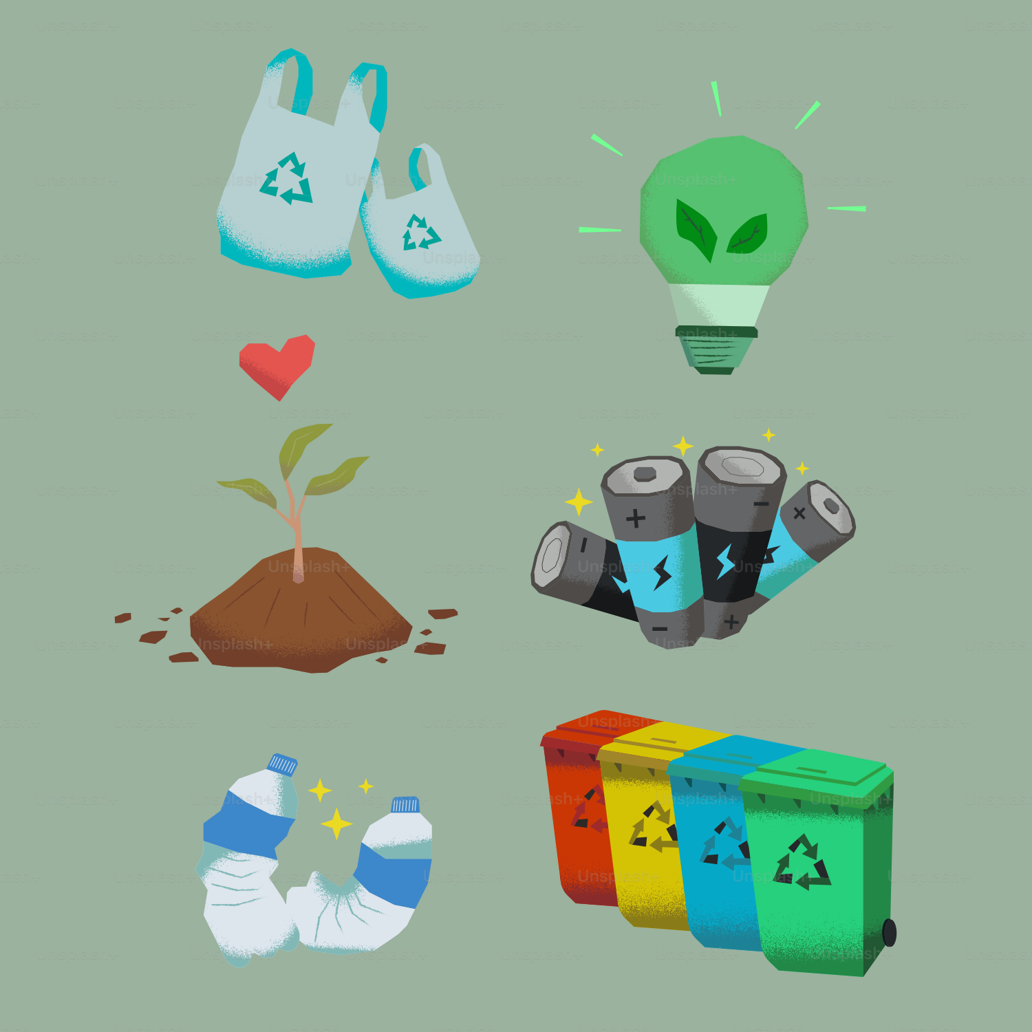 A group of objects that are on a green background