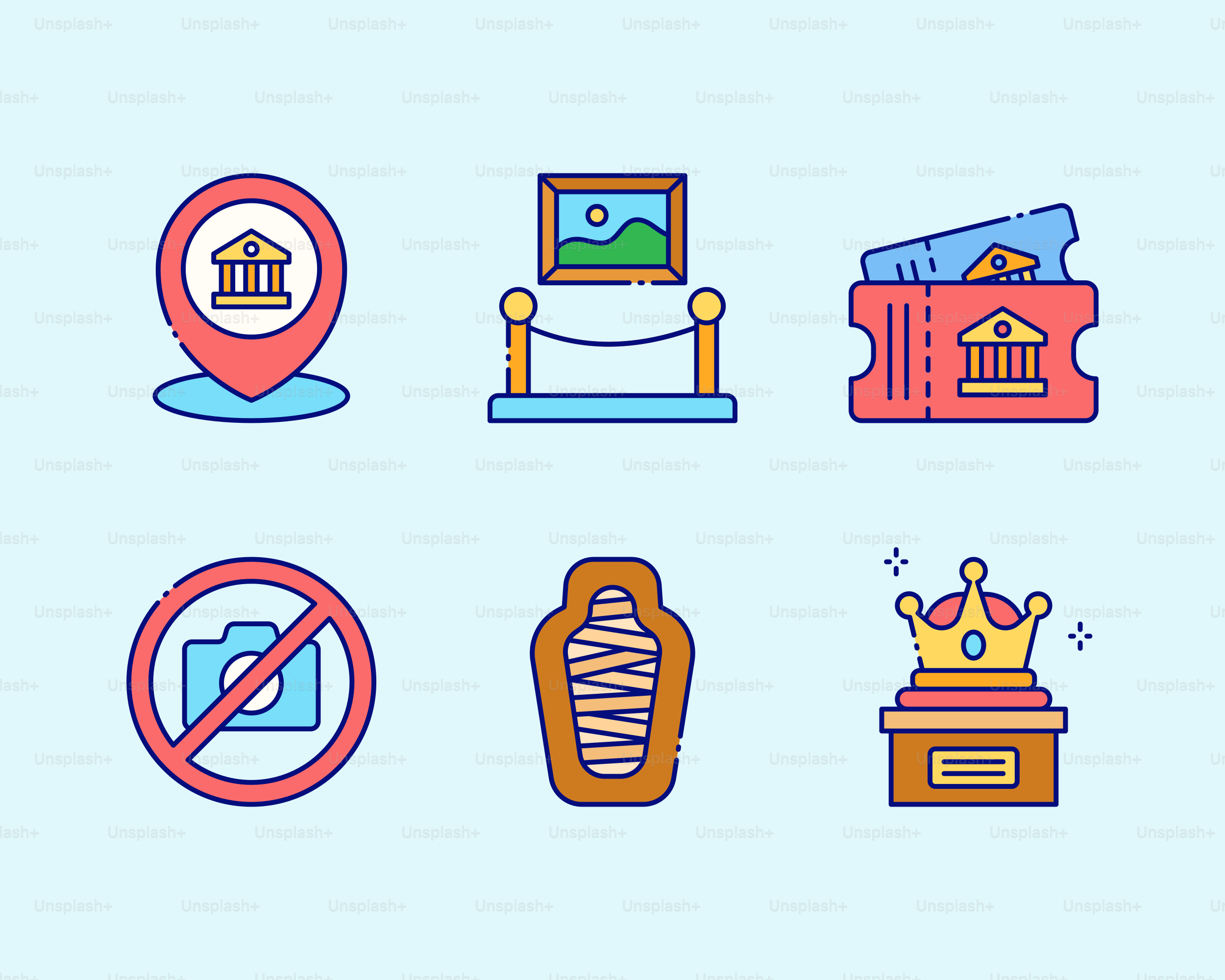 A set of different colored icons on a blue background