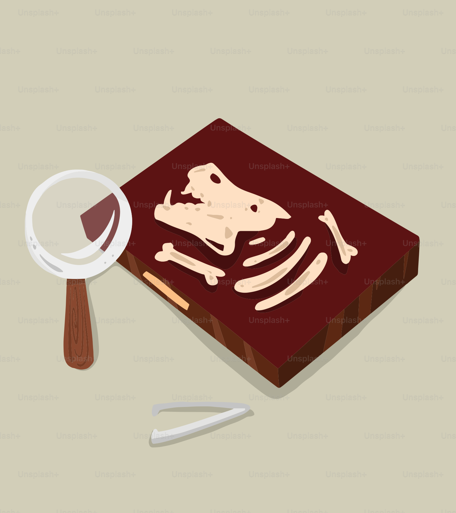 Un libro con un esqueleto y una lupa