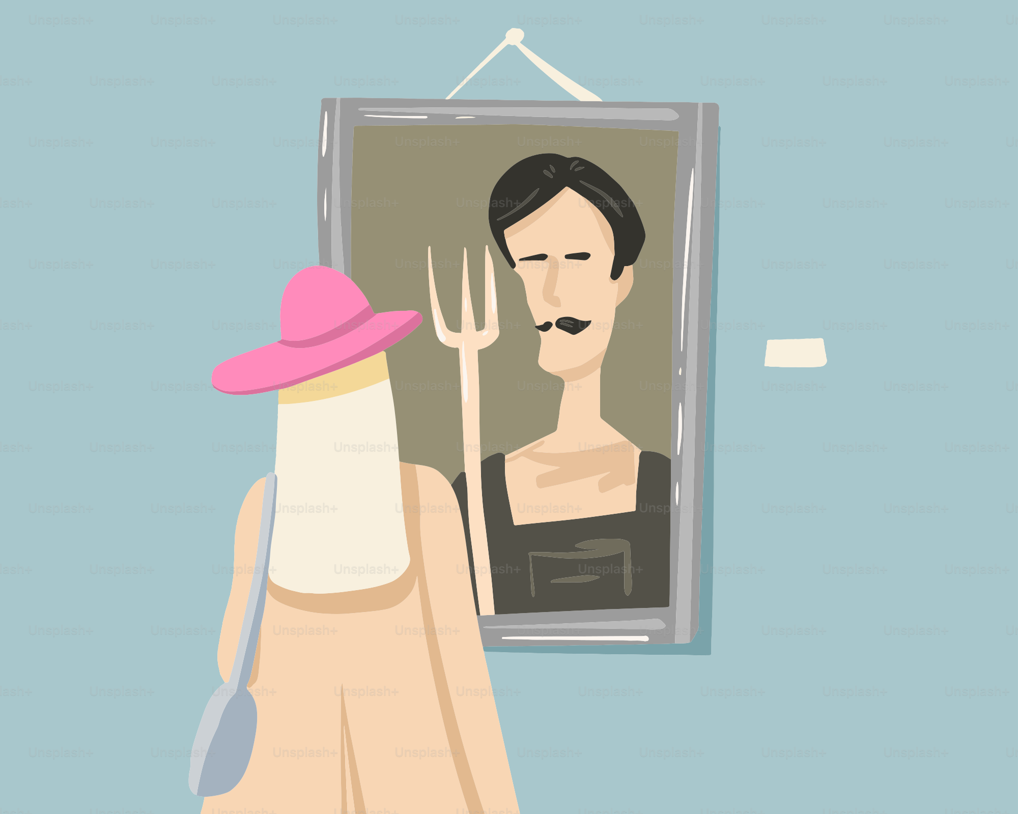 A woman in a pink hat is looking at a picture of a man